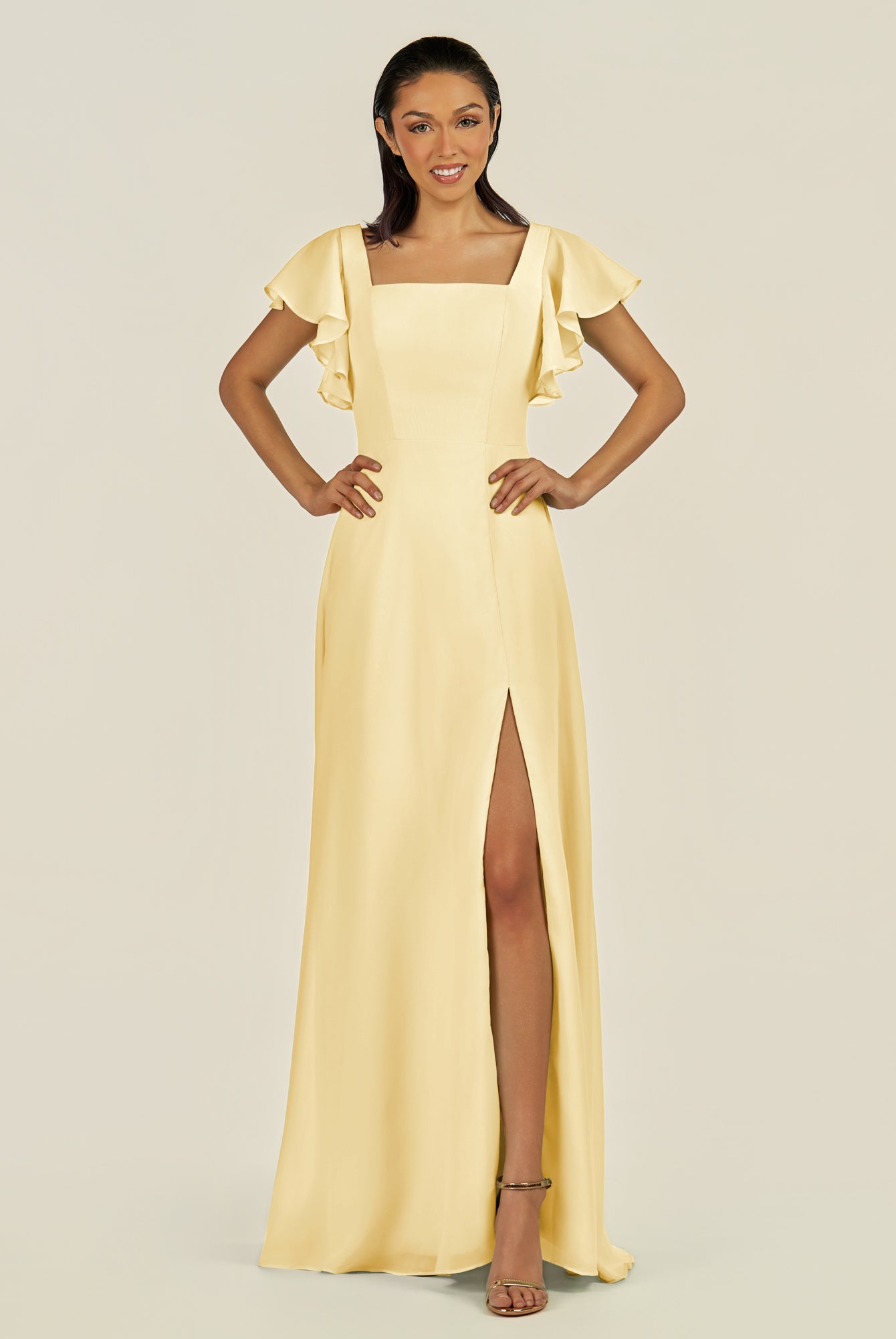 KissDress-Emeris Pastel Yellow A Line Chiffon Square Neck Long Bridesmaid Dress with Flutter Sleeves