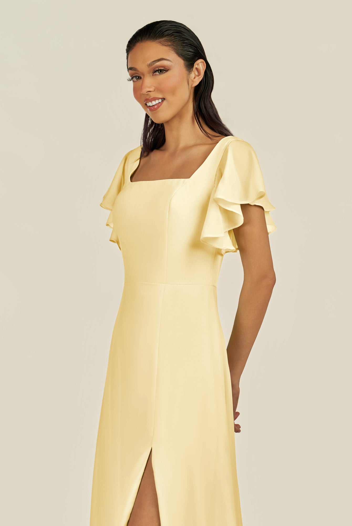 KissDress-Emeris Pastel Yellow A Line Chiffon Square Neck Long Bridesmaid Dress with Flutter Sleeves