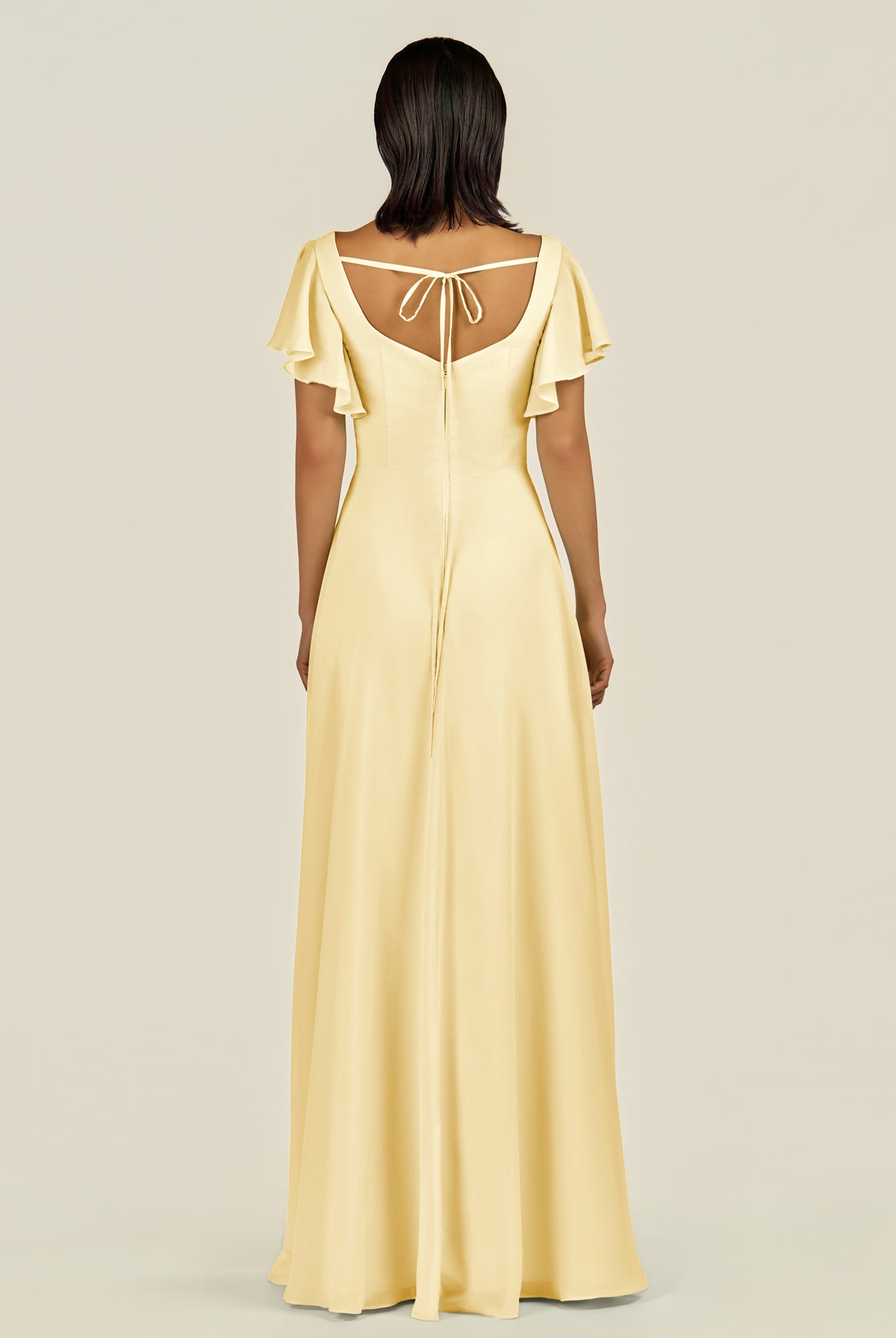 KissDress-Emeris Pastel Yellow A Line Chiffon Square Neck Long Bridesmaid Dress with Flutter Sleeves