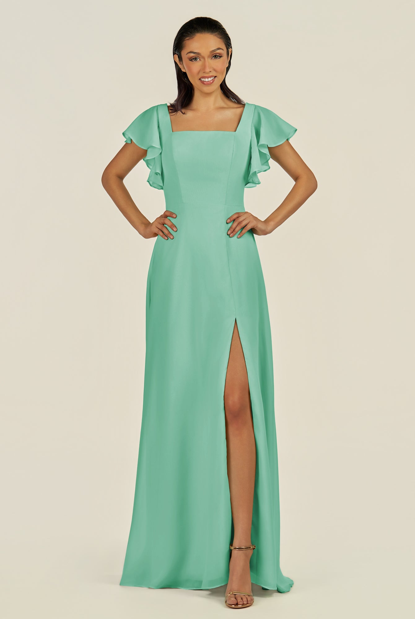 KissDress-Emeris Turquoise A Line Chiffon Square Neck Long Bridesmaid Dress with Flutter Sleeves
