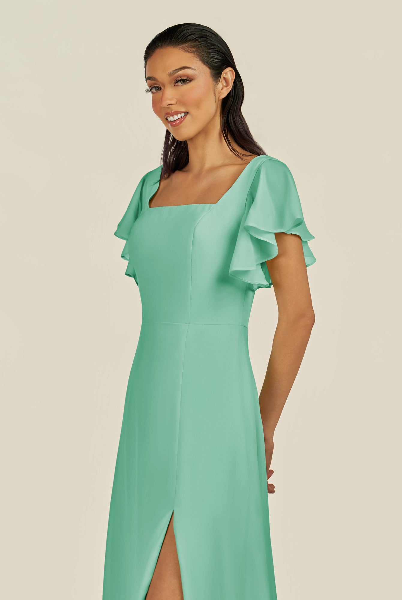 KissDress-Emeris Turquoise A Line Chiffon Square Neck Long Bridesmaid Dress with Flutter Sleeves
