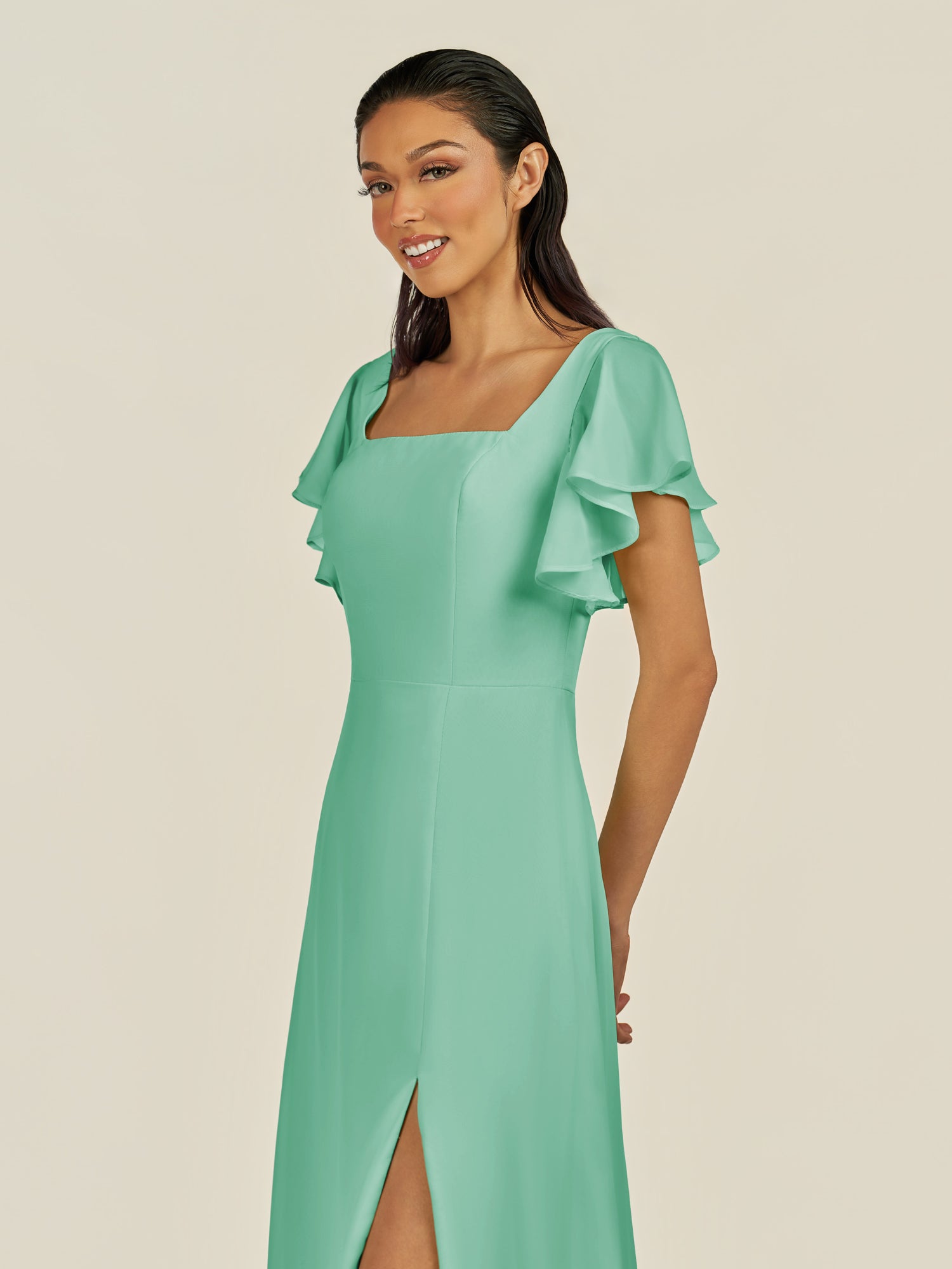 KissDress-Emeris Turquoise A Line Chiffon Square Neck Long Bridesmaid Dress with Flutter Sleeves