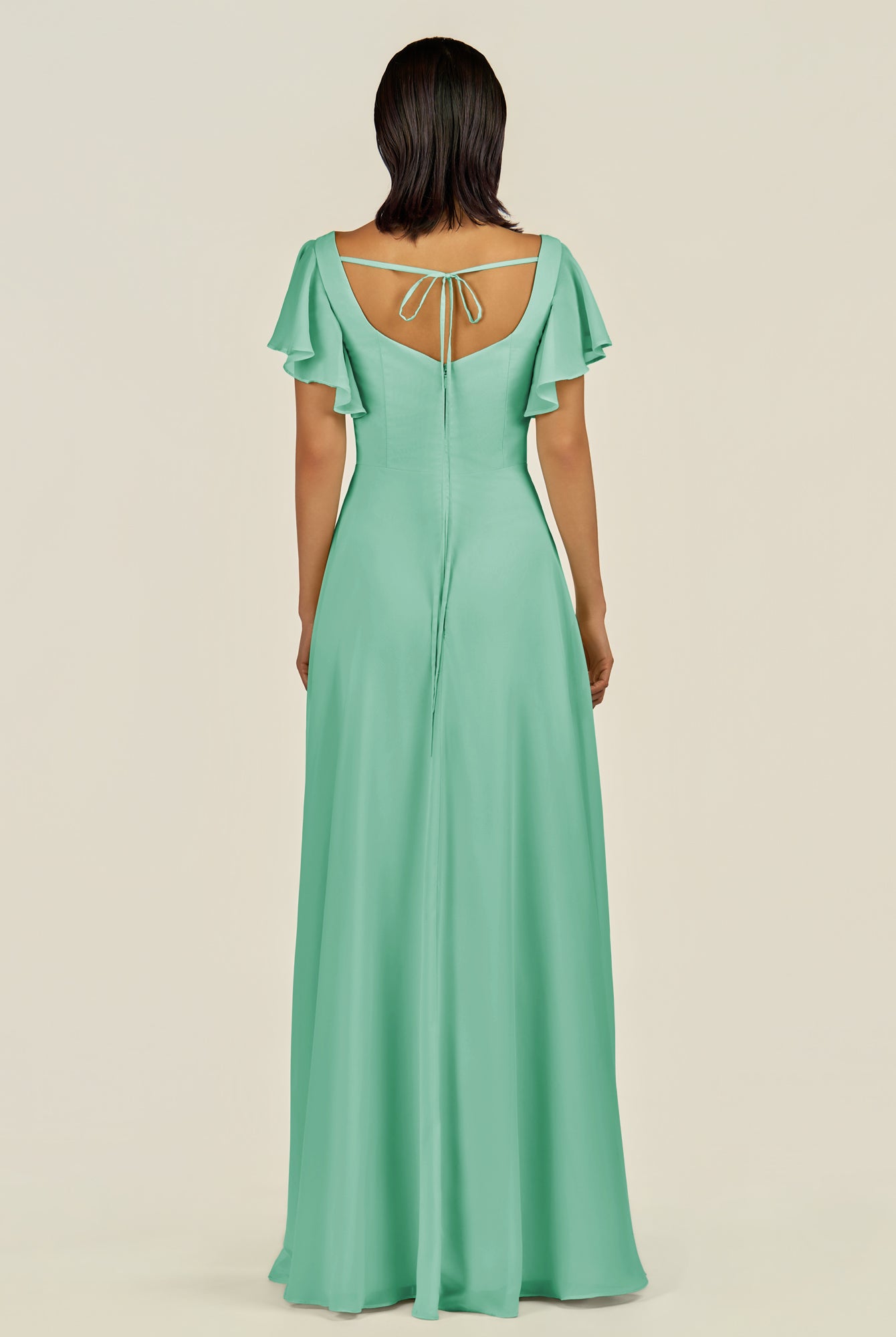 KissDress-Emeris Turquoise A Line Chiffon Square Neck Long Bridesmaid Dress with Flutter Sleeves