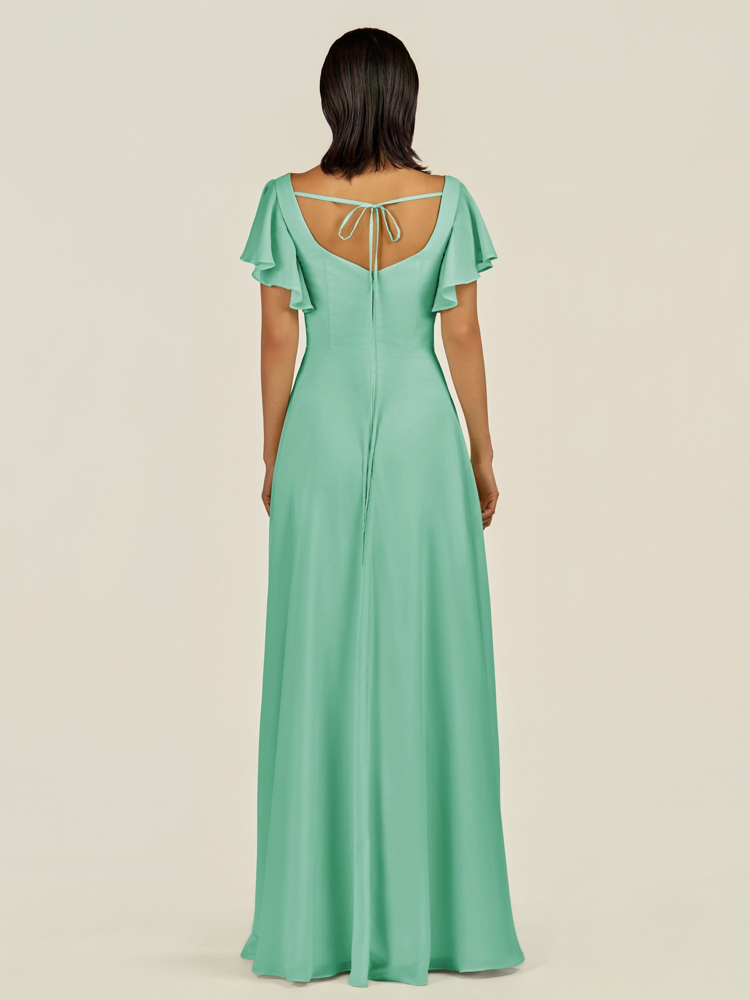 KissDress-Emeris Turquoise A Line Chiffon Square Neck Long Bridesmaid Dress with Flutter Sleeves