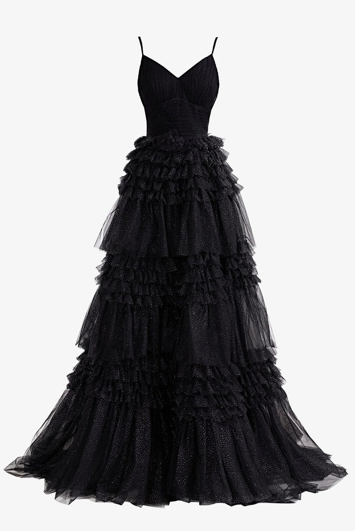 Emerson |A - Line Deep V Neck Tiered Long Glitter Tulle Prom Dress - KissProm