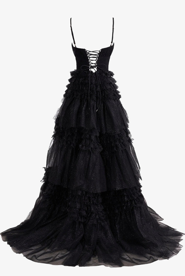 Emerson |A - Line Deep V Neck Tiered Long Glitter Tulle Prom Dress - KissProm