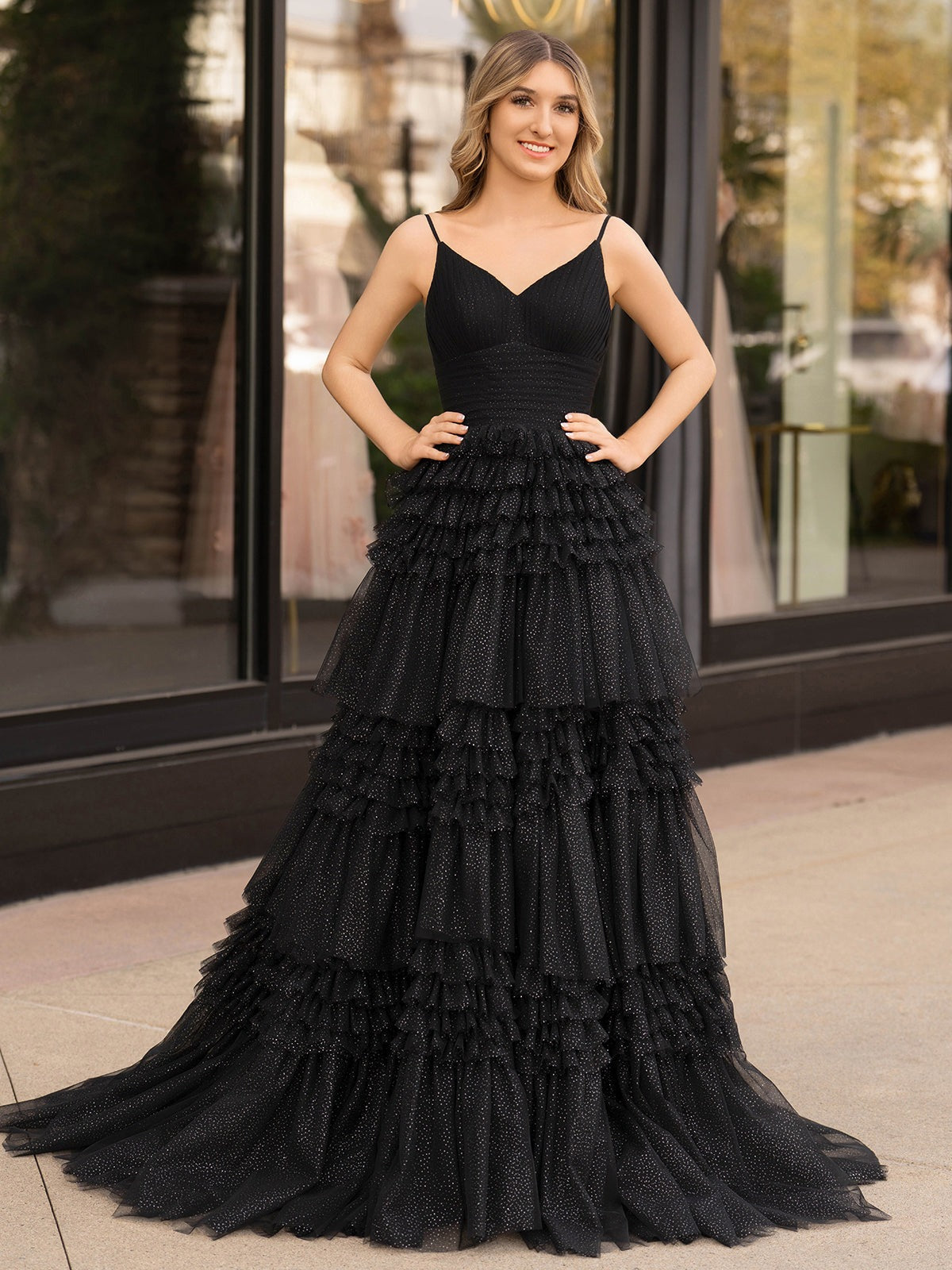 Black A-Line Deep V Neck Tiered Long Glitter Tulle Prom Dress