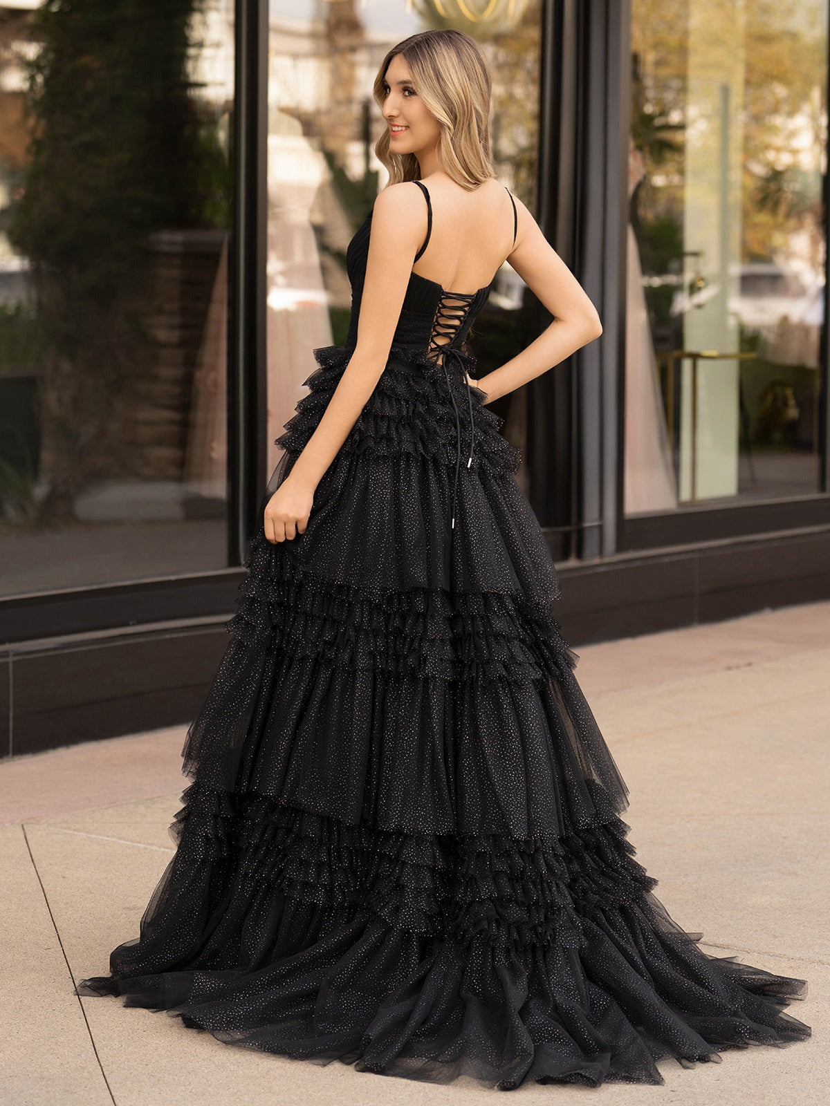 Black A-Line Deep V Neck Tiered Long Glitter Tulle Prom Dress