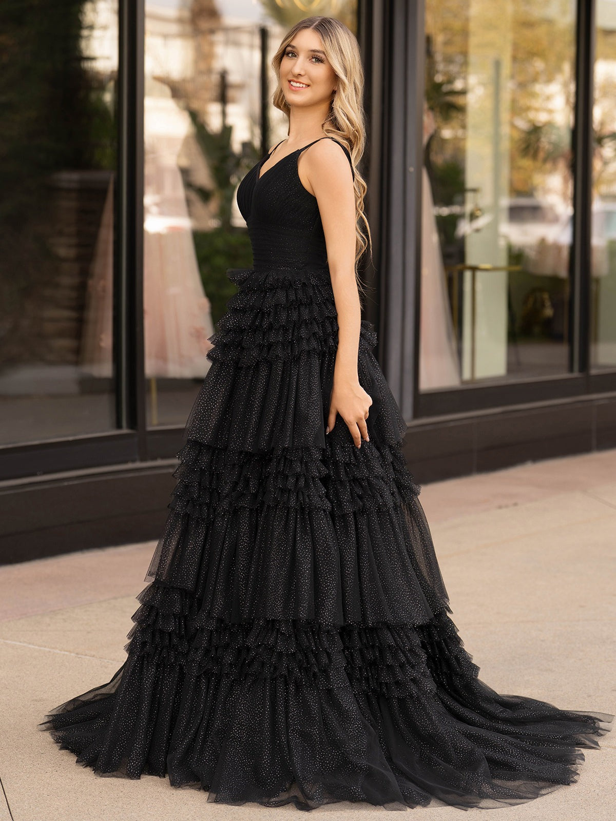 Black A-Line Deep V Neck Tiered Long Glitter Tulle Prom Dress