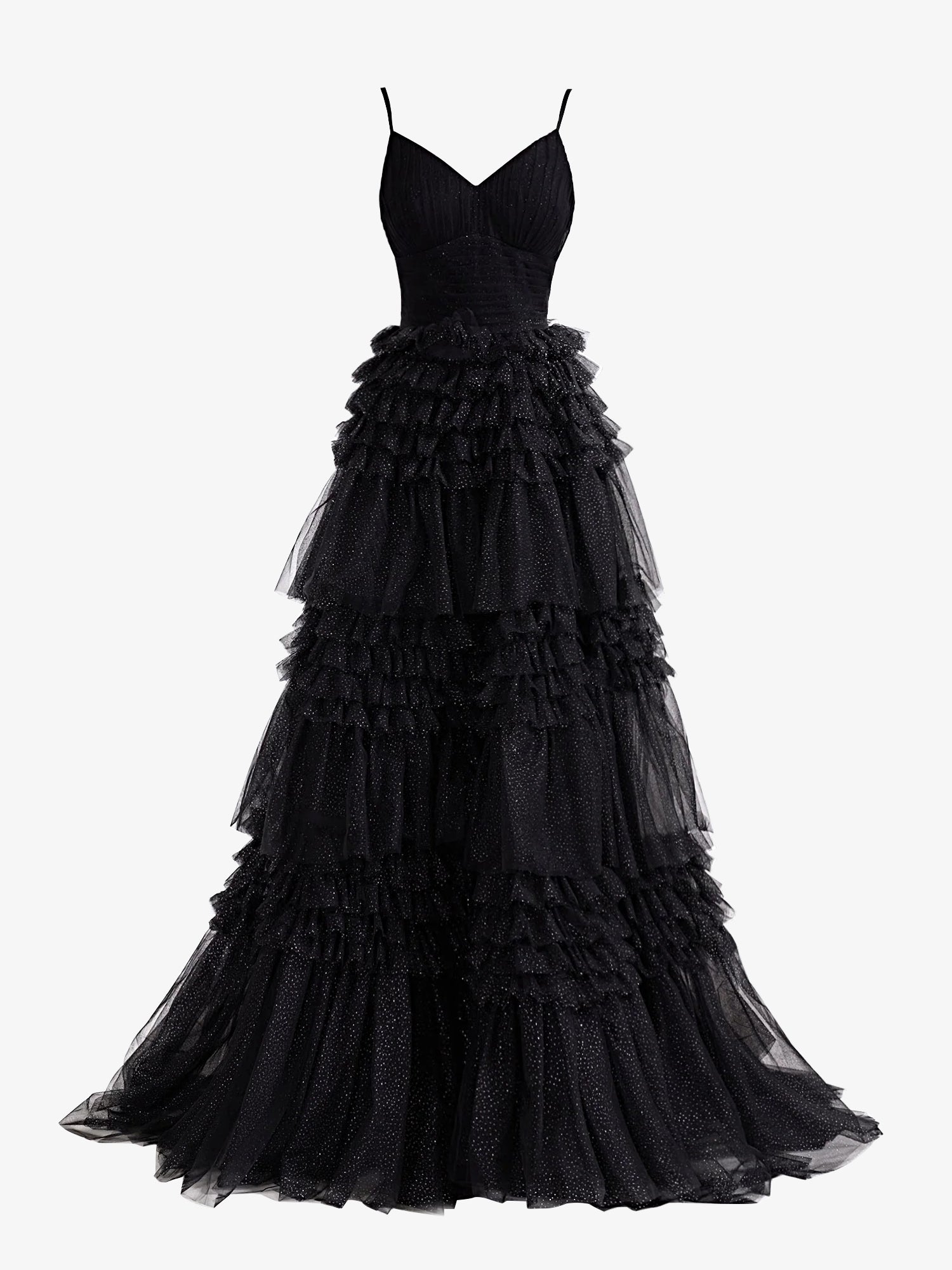 Black A-Line Deep V Neck Tiered Long Glitter Tulle Prom Dress