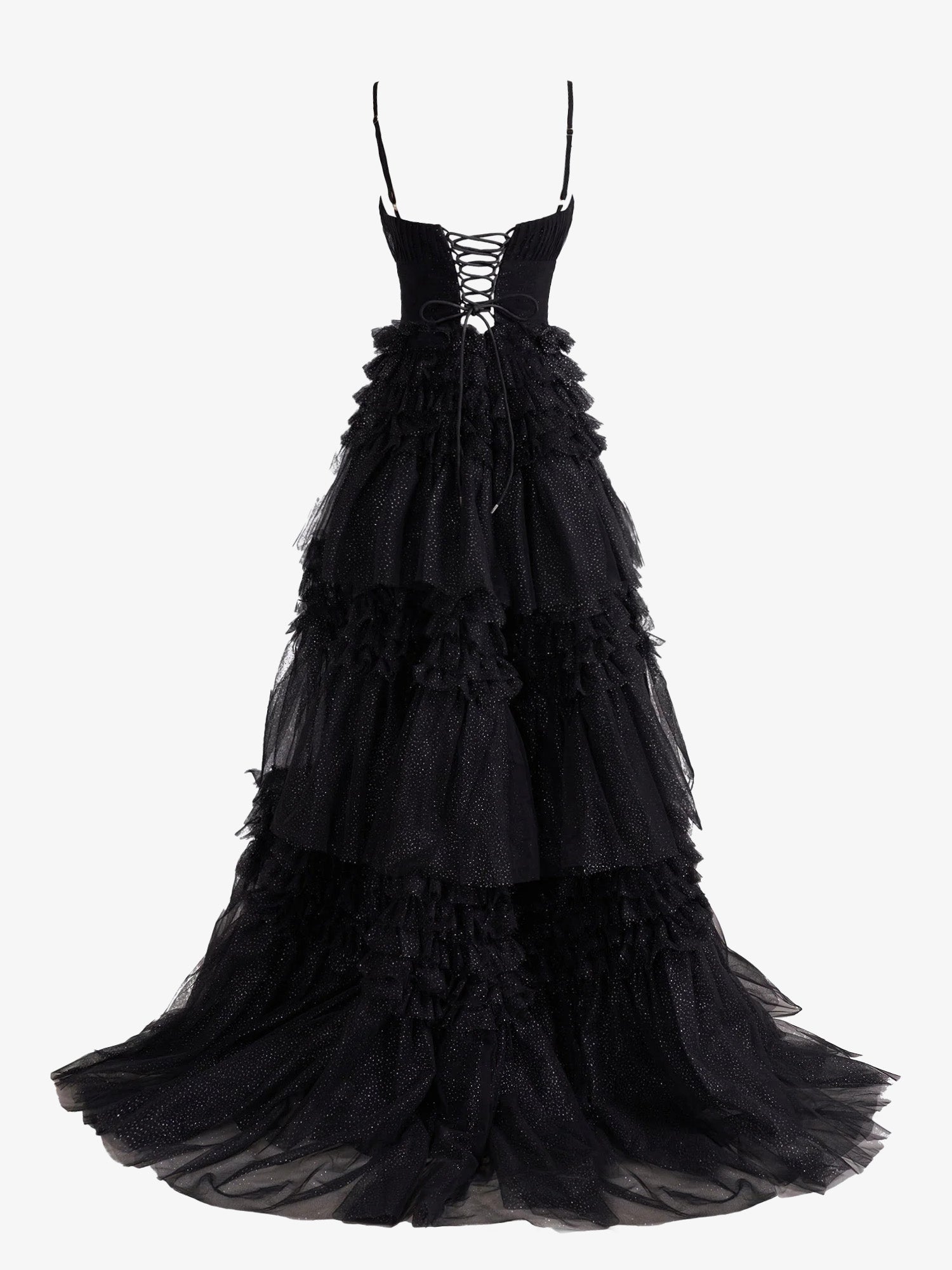 Black A-Line Deep V Neck Tiered Long Glitter Tulle Prom Dress