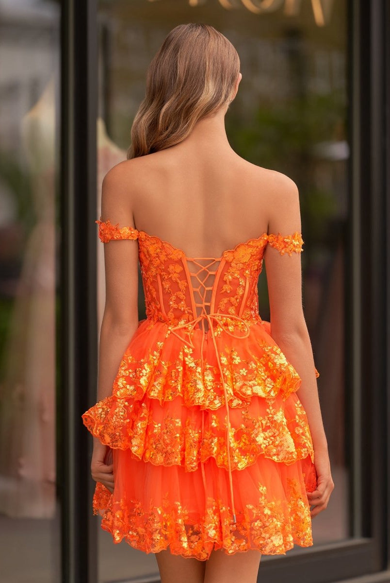 Emma | A Line One Shoulder Navy Tiered Lace Short Homecoming Dress - KissProm