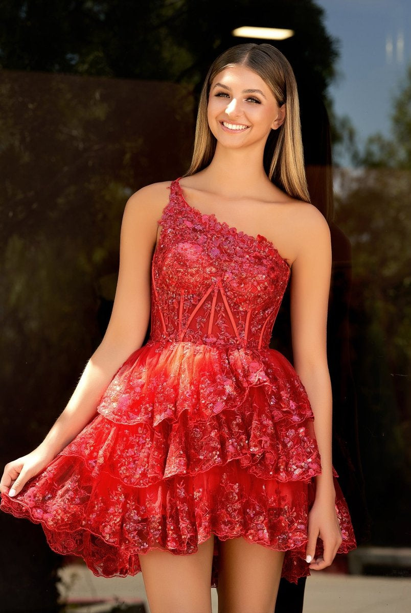 Emma | A Line One Shoulder Navy Tiered Lace Short Homecoming Dress - KissProm