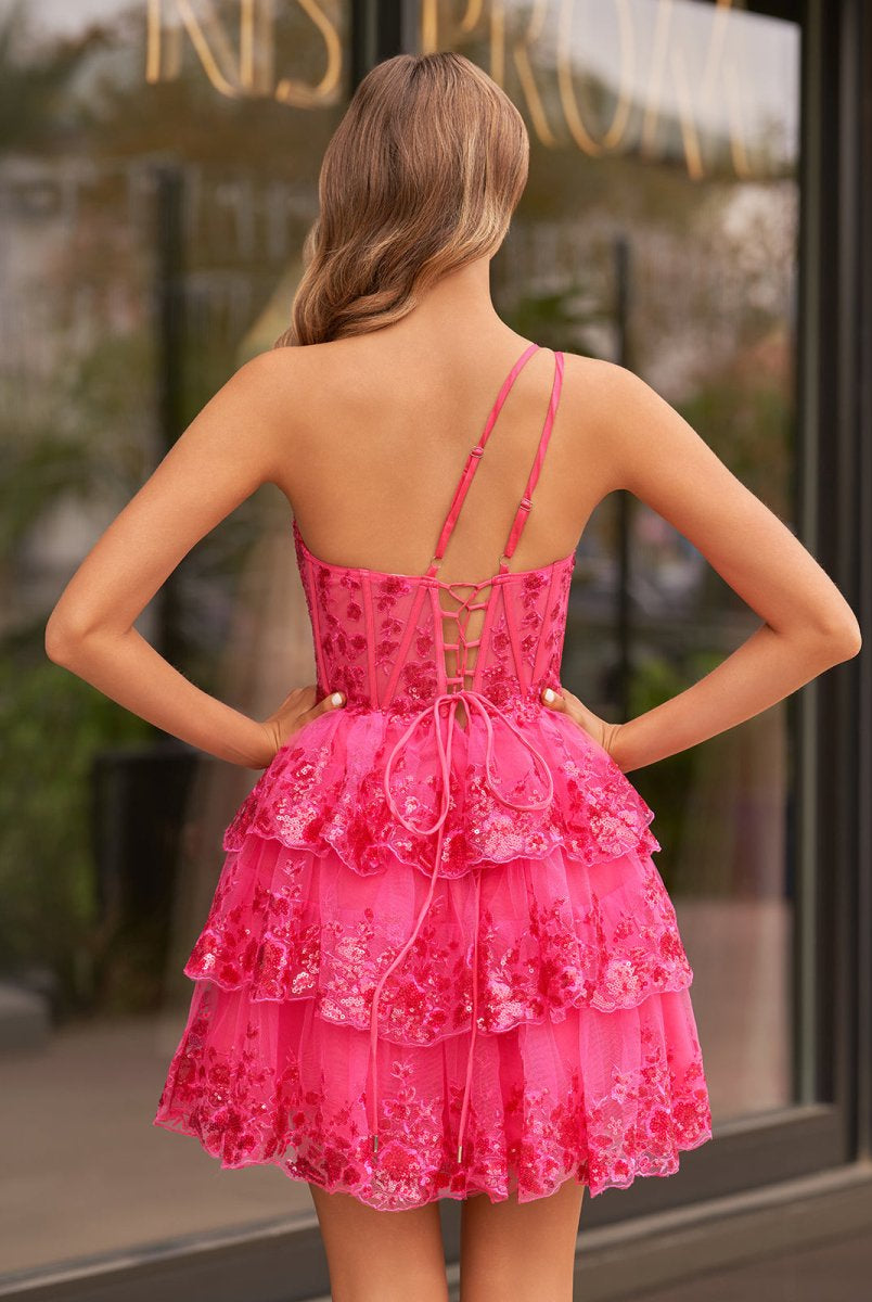 Emma | A Line One Shoulder Navy Tiered Lace Short Homecoming Dress - KissProm