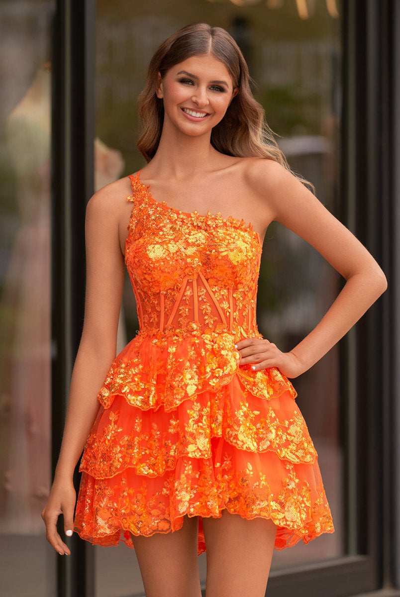 Emma | A Line One Shoulder Navy Tiered Lace Short Homecoming Dress - KissProm