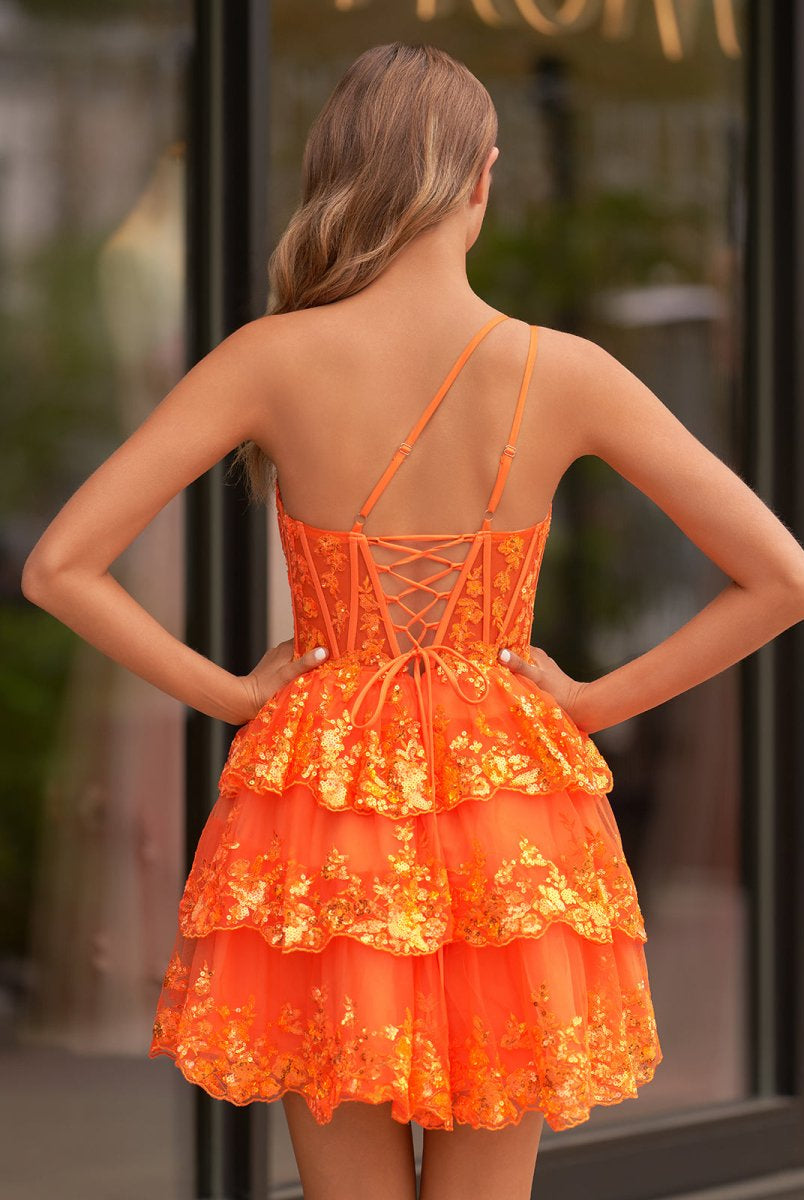 Emma | A Line One Shoulder Navy Tiered Lace Short Homecoming Dress - KissProm