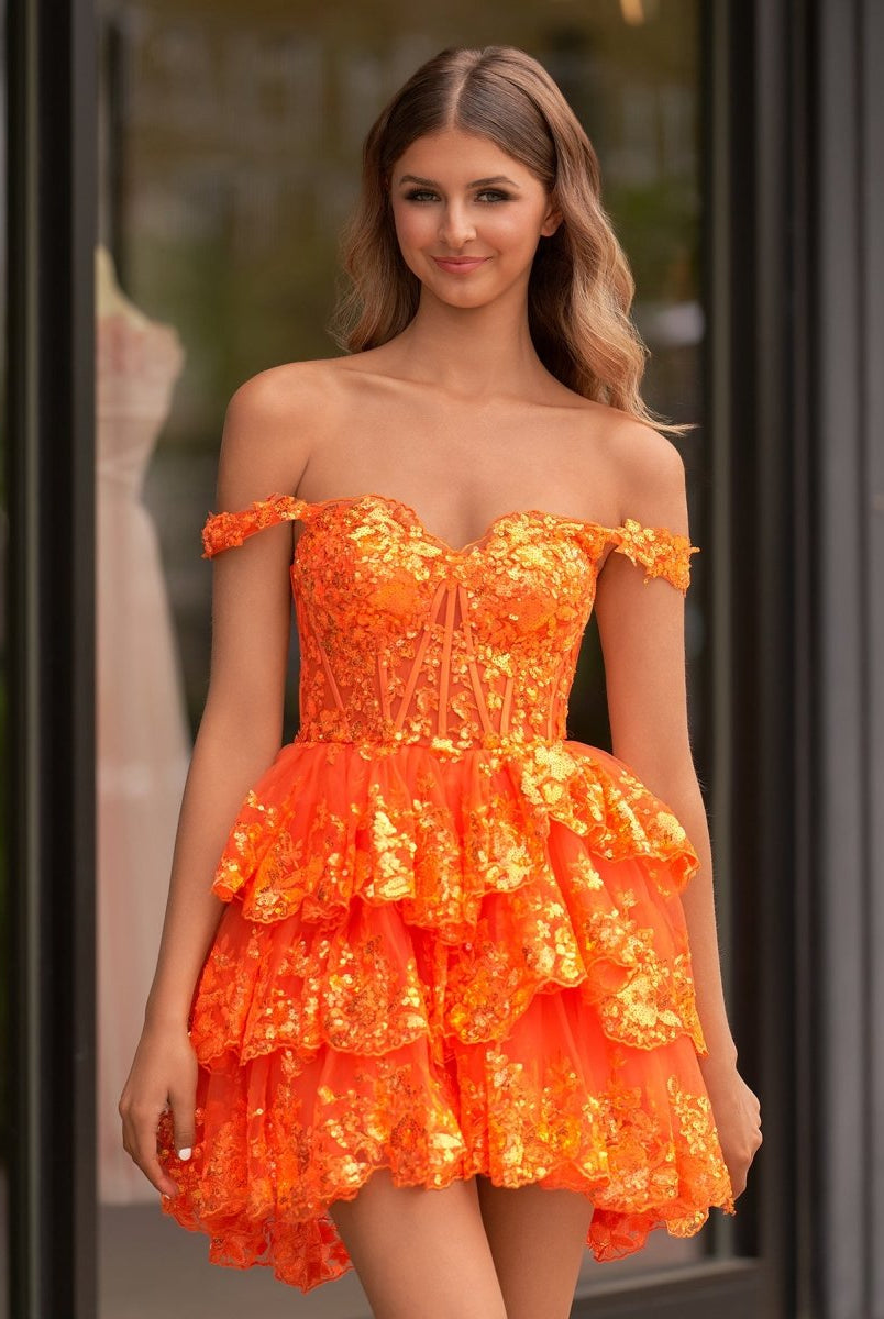 Emma | A Line One Shoulder Navy Tiered Lace Short Homecoming Dress - KissProm