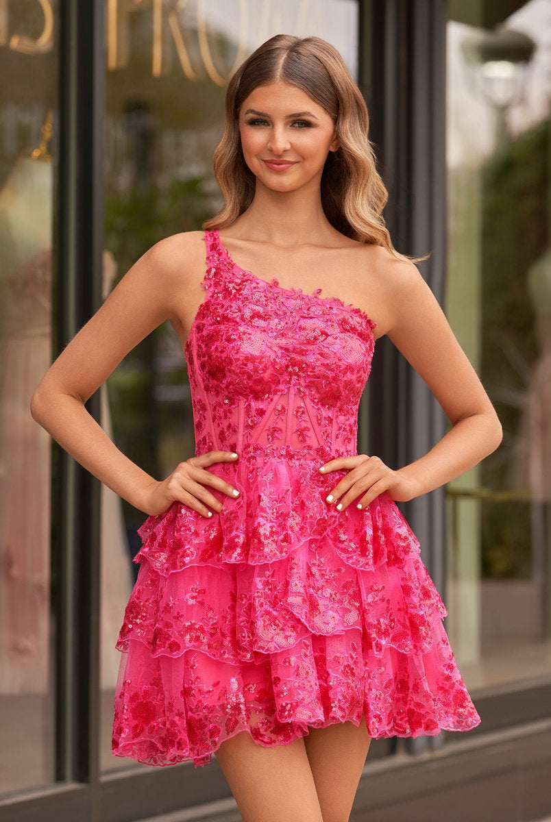 Emma | A Line One Shoulder Navy Tiered Lace Short Homecoming Dress - KissProm