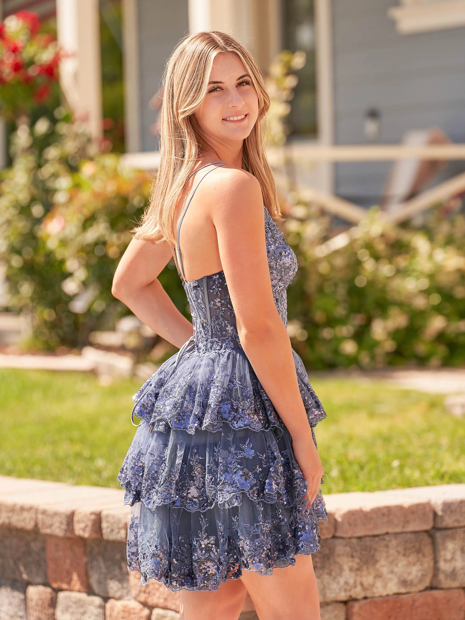 Royal Blue A Line One Shoulder Tiered Lace Short Homecoming Dress