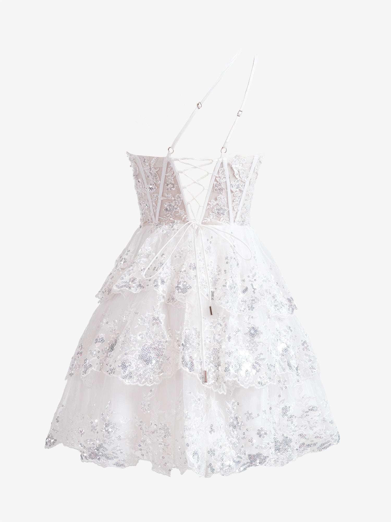 White A Line One Shoulder Navy Tiered Lace Short Homecoming Dress