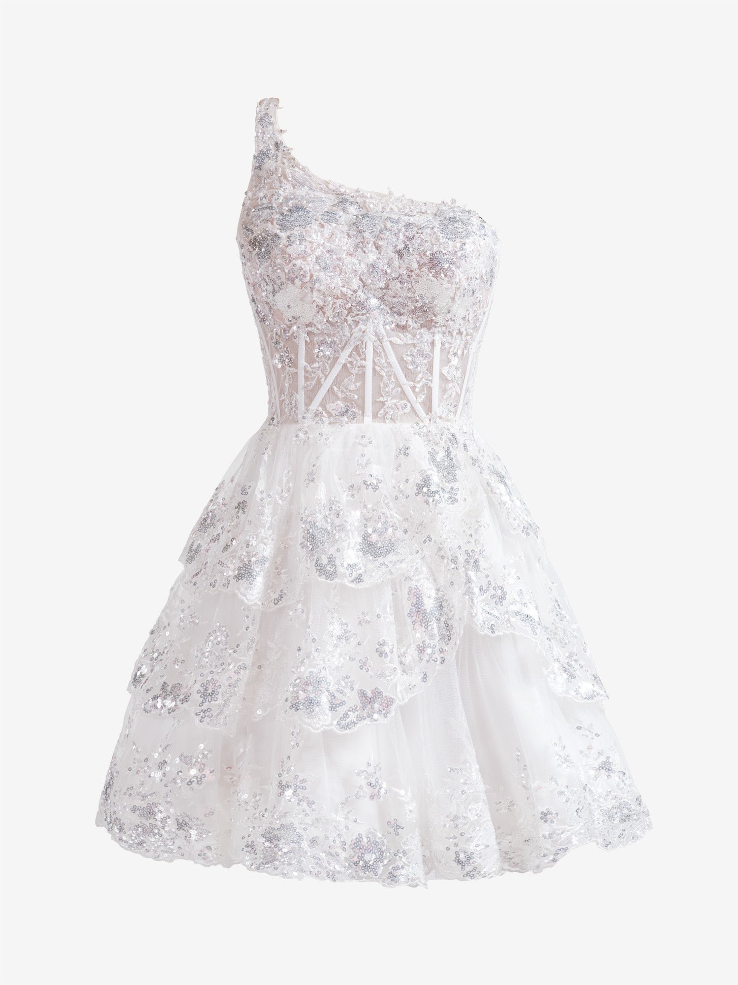 White A Line One Shoulder Navy Tiered Lace Short Homecoming Dress