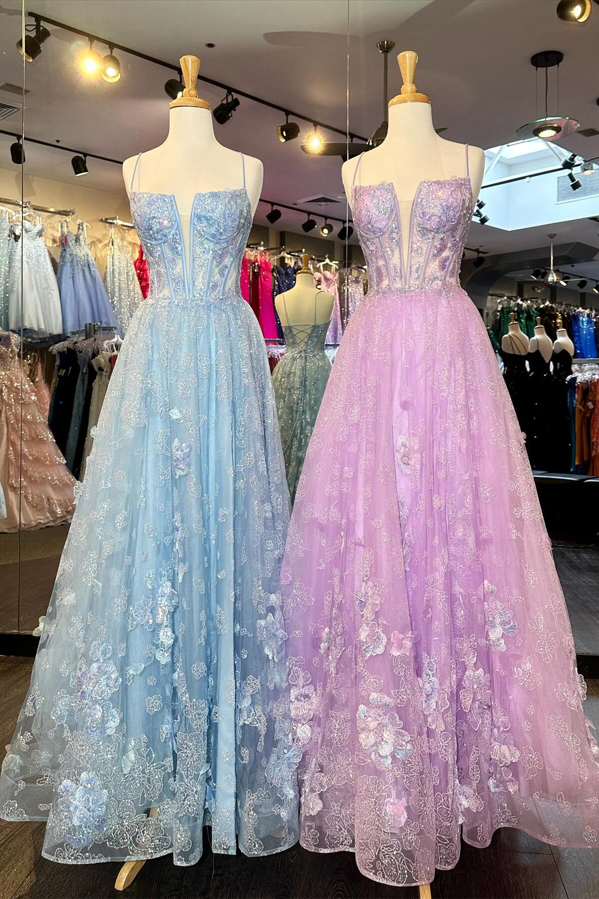 Spaghetti Straps A Line Long Prom Dress With Floral Appliques