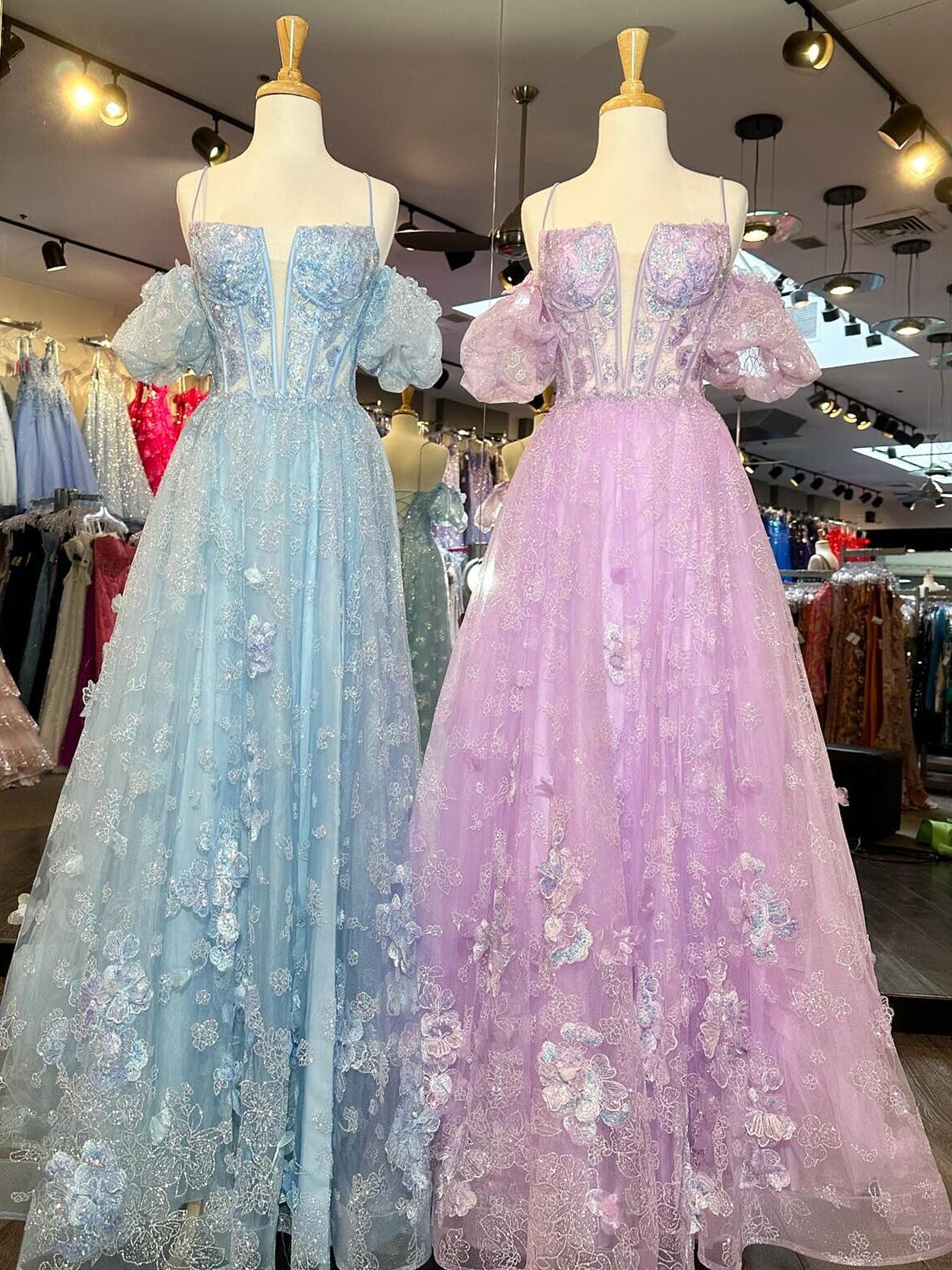 Spaghetti Straps A Line Long Prom Dress With Floral Appliques