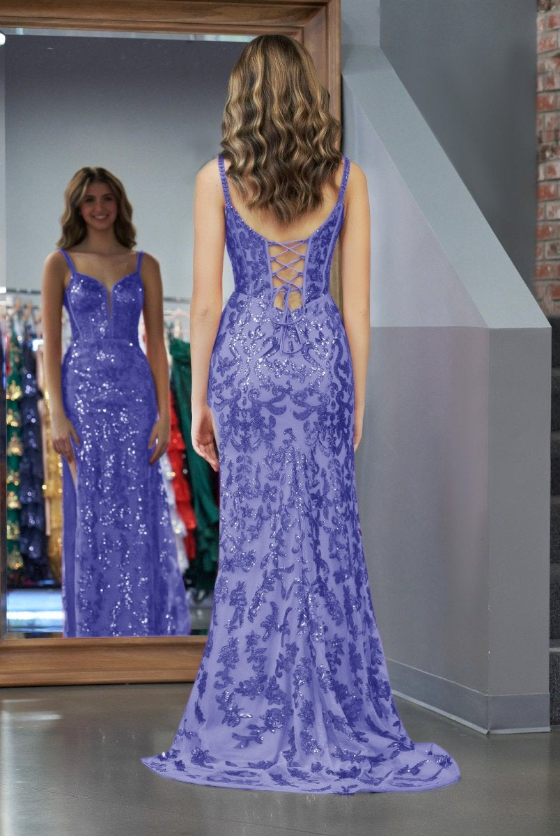 Sparkly Blue Sheath Sequins Long Prom Dress with Slit - KissProm