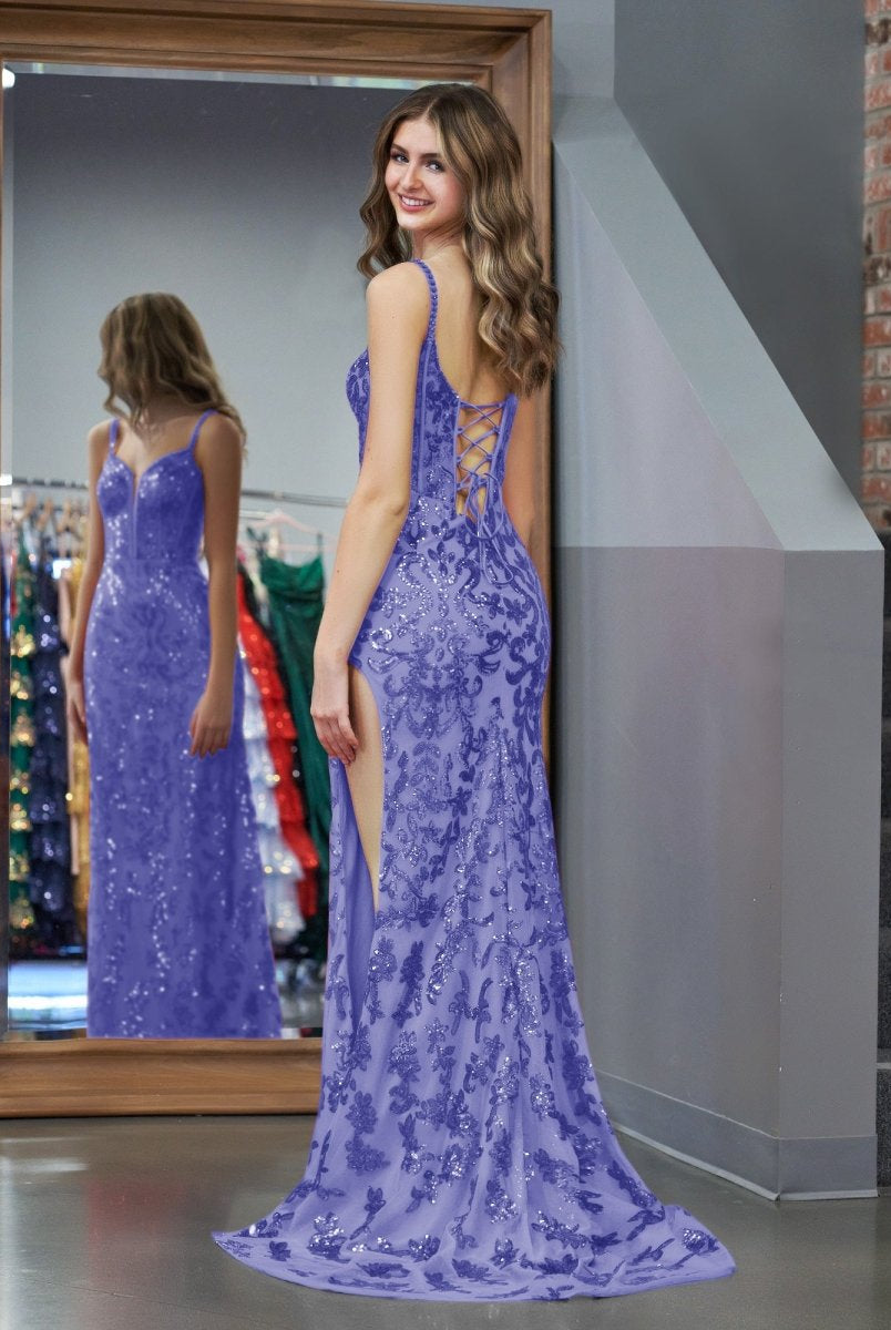 Sparkly Blue Sheath Sequins Long Prom Dress with Slit - KissProm