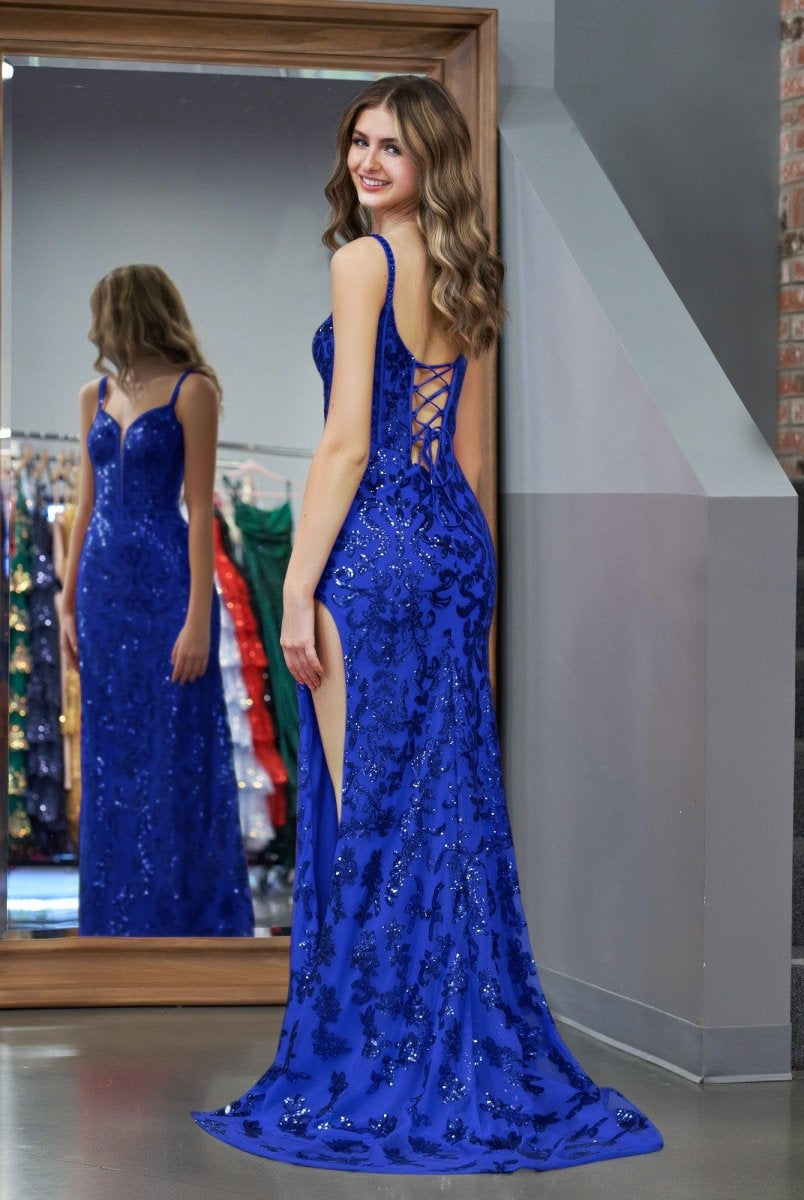 Sparkly Blue Sheath Sequins Long Prom Dress with Slit - KissProm