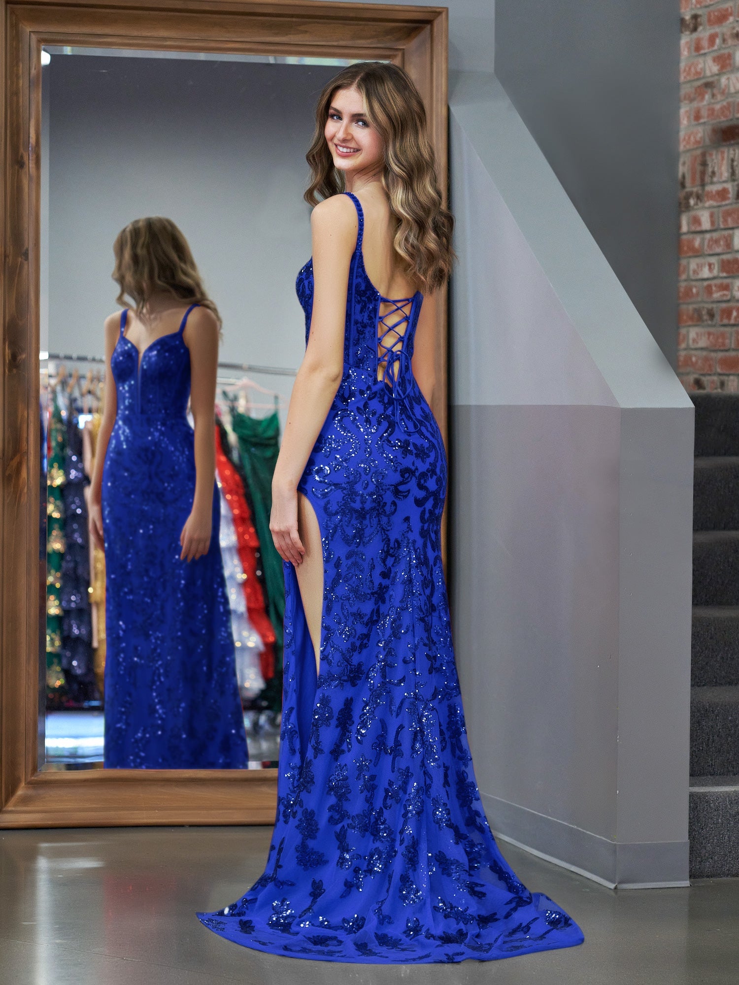 Sparkly Blue Sheath Sequins Long Prom Dress with Slit