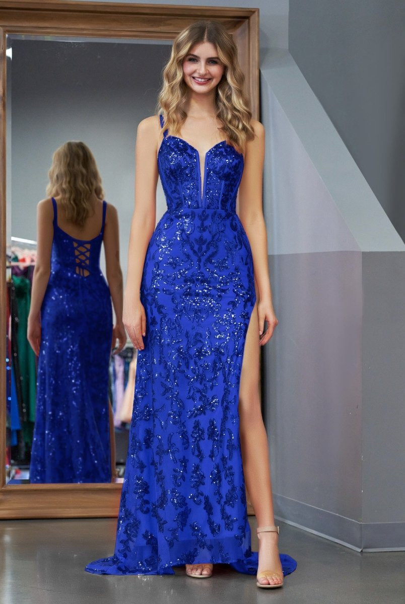 Sparkly Blue Sheath Sequins Long Prom Dress with Slit - KissProm