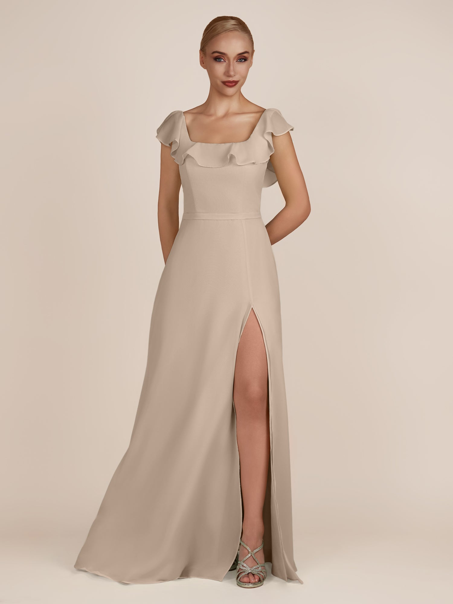 KissDress-Evania Almond Sheath Chiffon Square Neck Ruffles Long Bridesmaid Dress with Slit