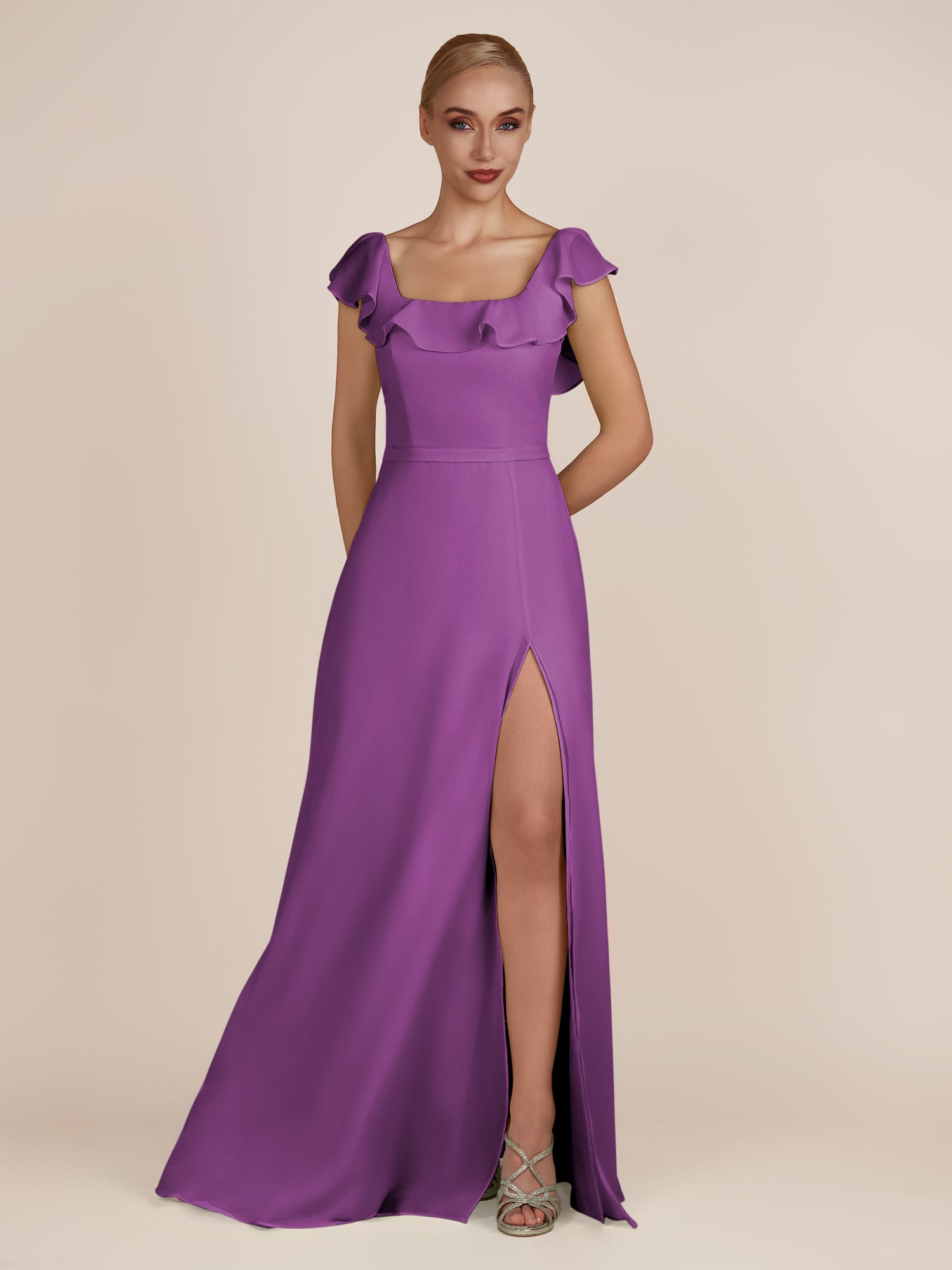 KissDress-Evania Amethyst Sheath Chiffon Square Neck Ruffles Long Bridesmaid Dress with Slit