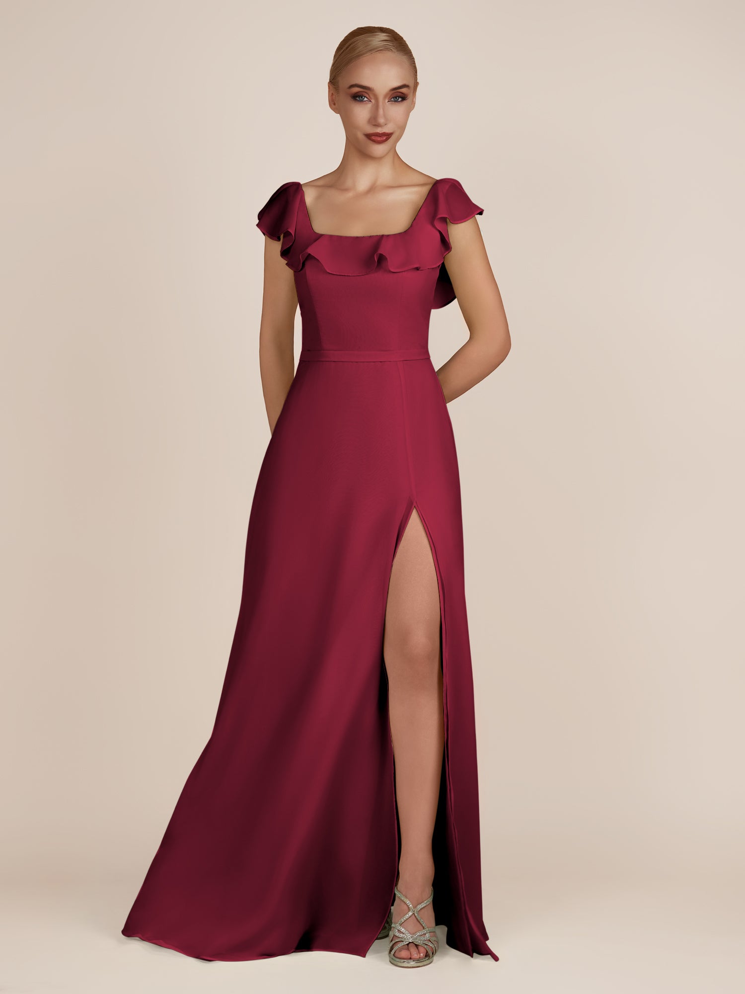 KissDress-Evania Berry Sheath Chiffon Square Neck Ruffles Long Bridesmaid Dress with Slit