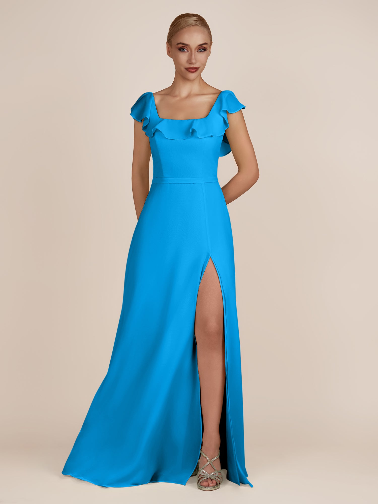 KissDress-Evania Blue Jay Sheath Chiffon Square Neck Ruffles Long Bridesmaid Dress with Slit