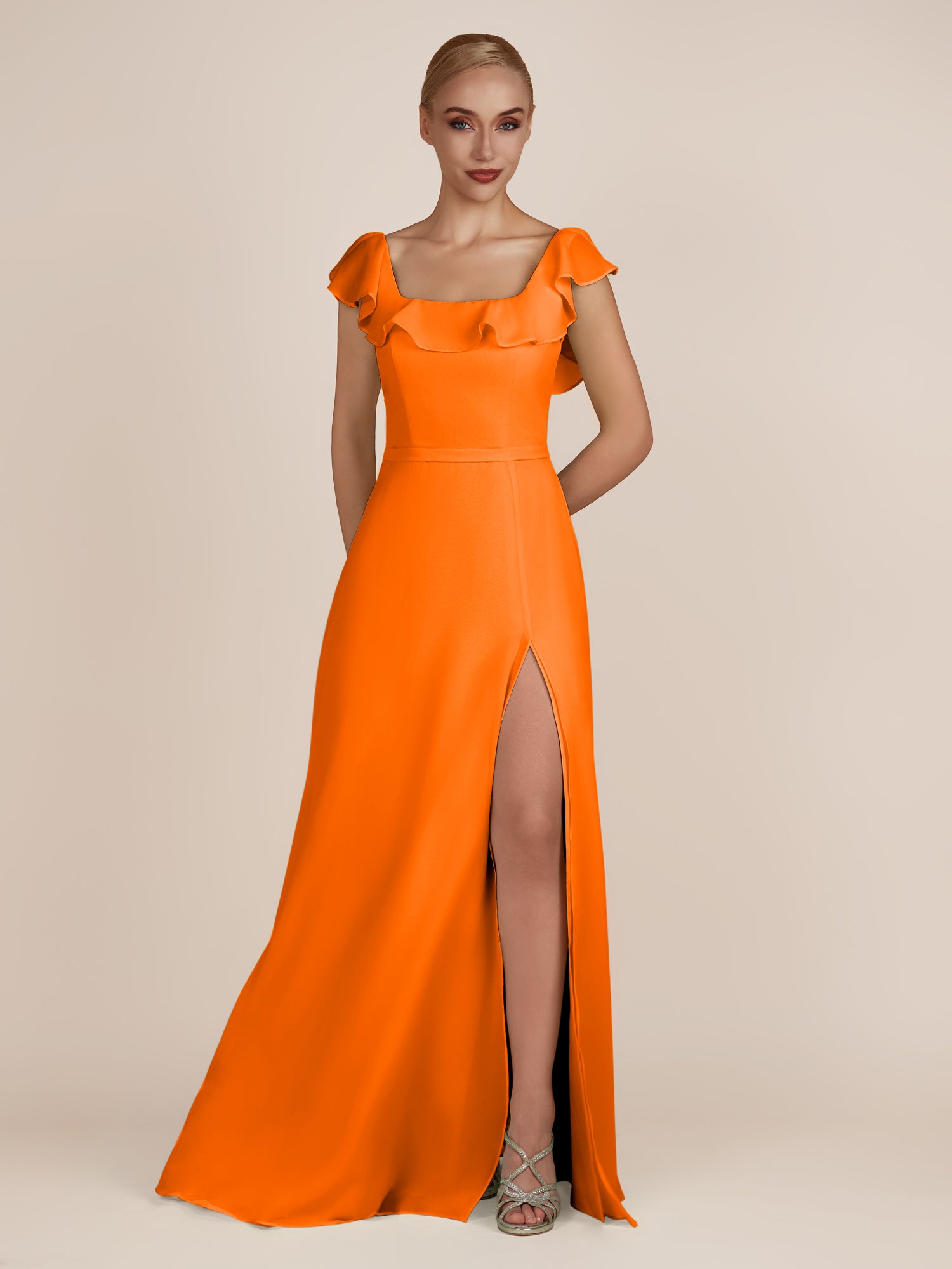 KissDress-Evania Cinnamon Sheath Chiffon Square Neck Ruffles Long Bridesmaid Dress with Slit