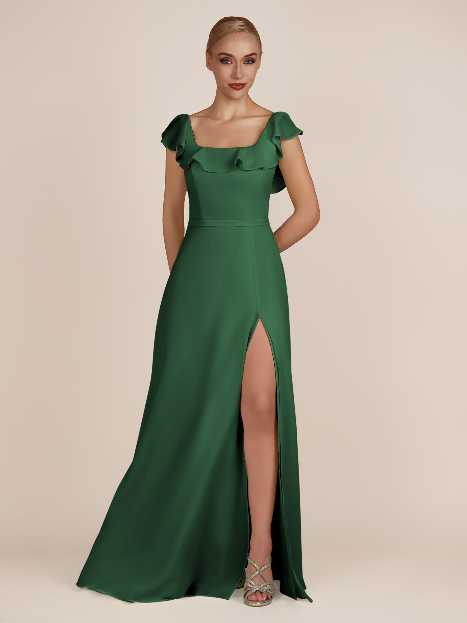 KissDress-Evania Dark Green Sheath Chiffon Square Neck Ruffles Long Bridesmaid Dress with Slit