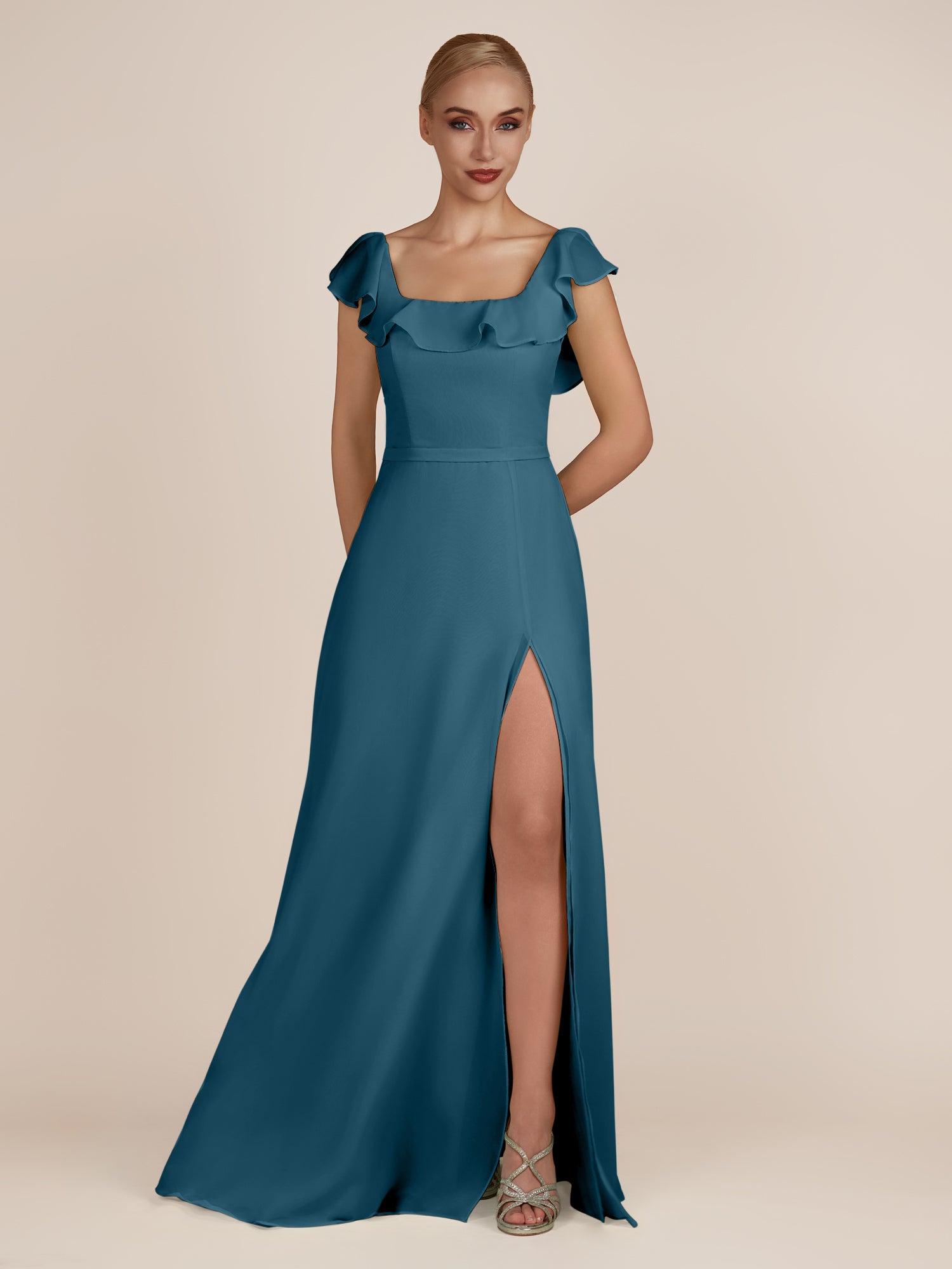 KissDress-Evania Dark Teal Sheath Chiffon Square Neck Ruffles Long Bridesmaid Dress with Slit