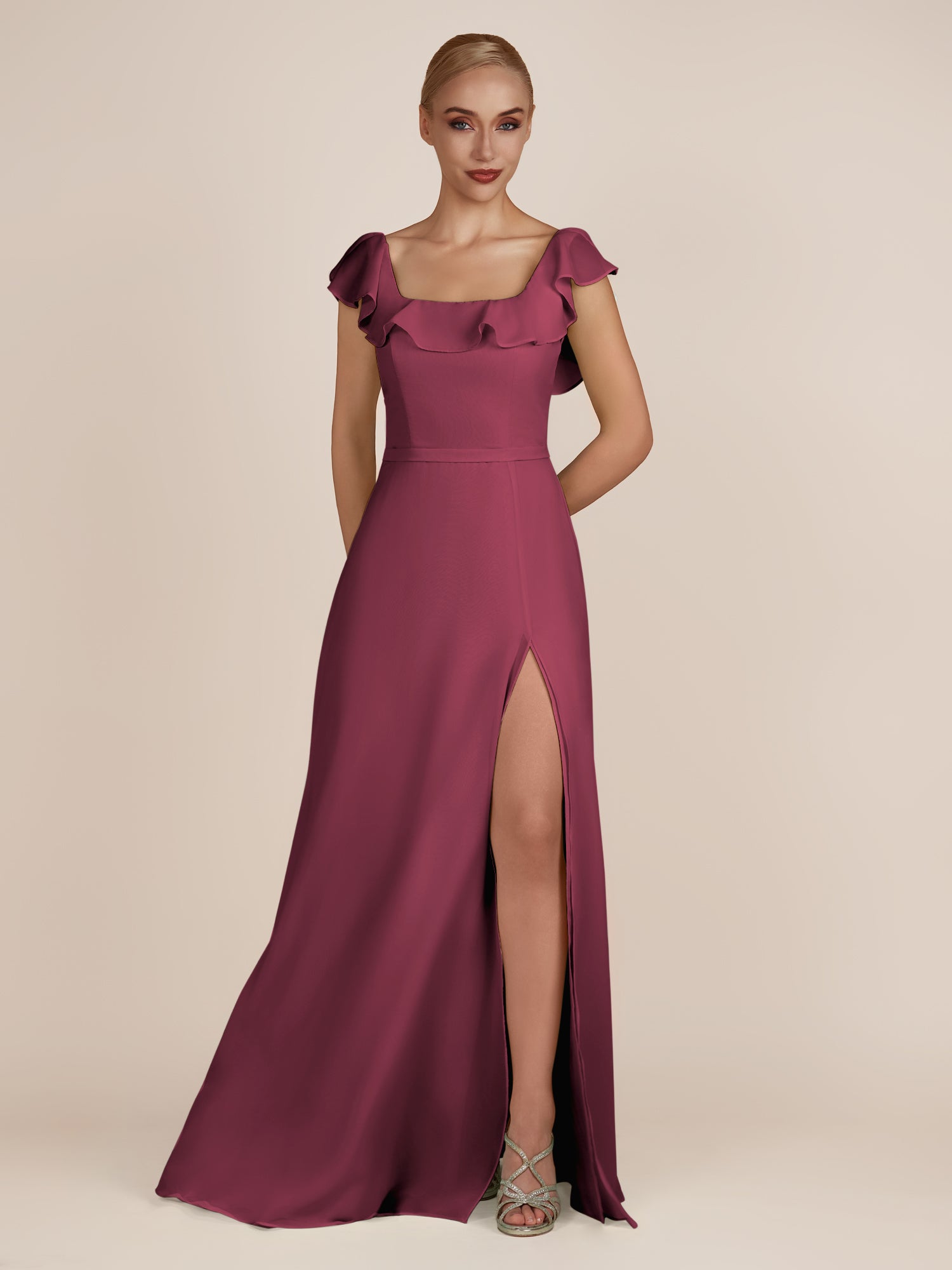 KissDress-Evania Desert Rose Sheath Chiffon Square Neck Ruffles Long Bridesmaid Dress with Slit