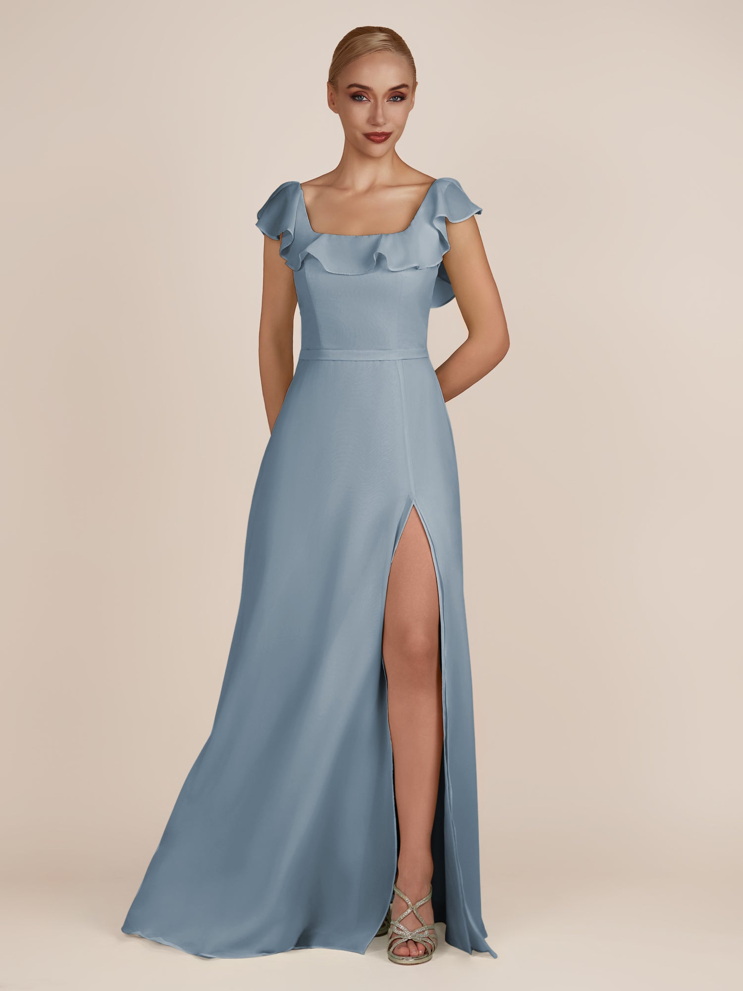 KissDress-Evania Dusty Blue Sheath Chiffon Square Neck Ruffles Long Bridesmaid Dress with Slit