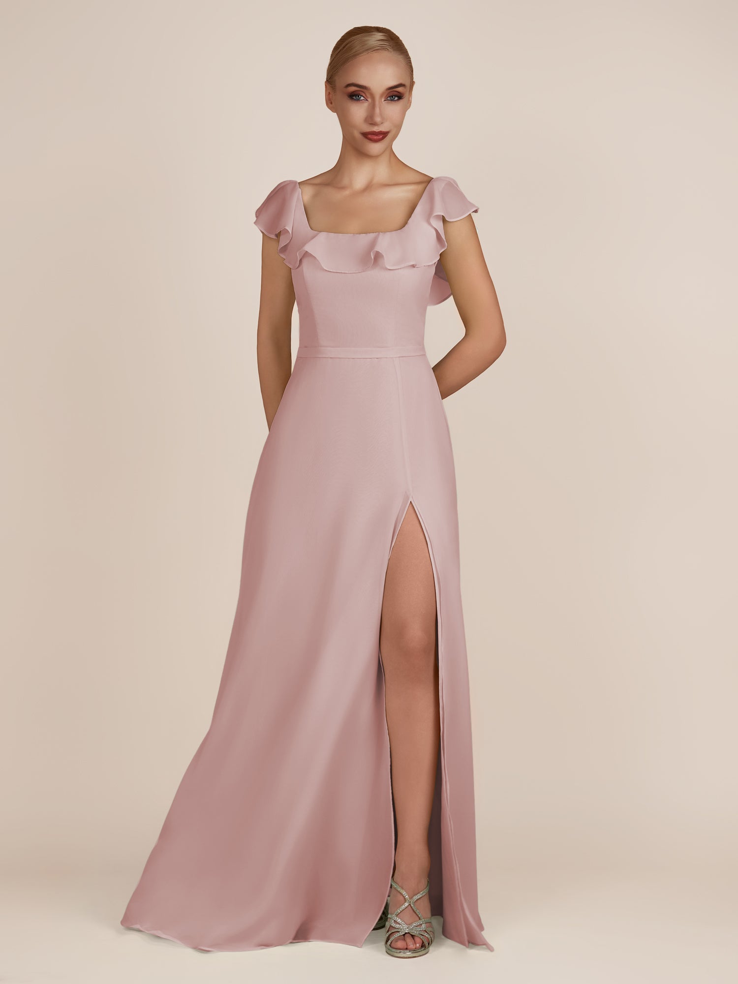 KissDress-Evania Dusty Rose Sheath Chiffon Square Neck Ruffles Long Bridesmaid Dress with Slit