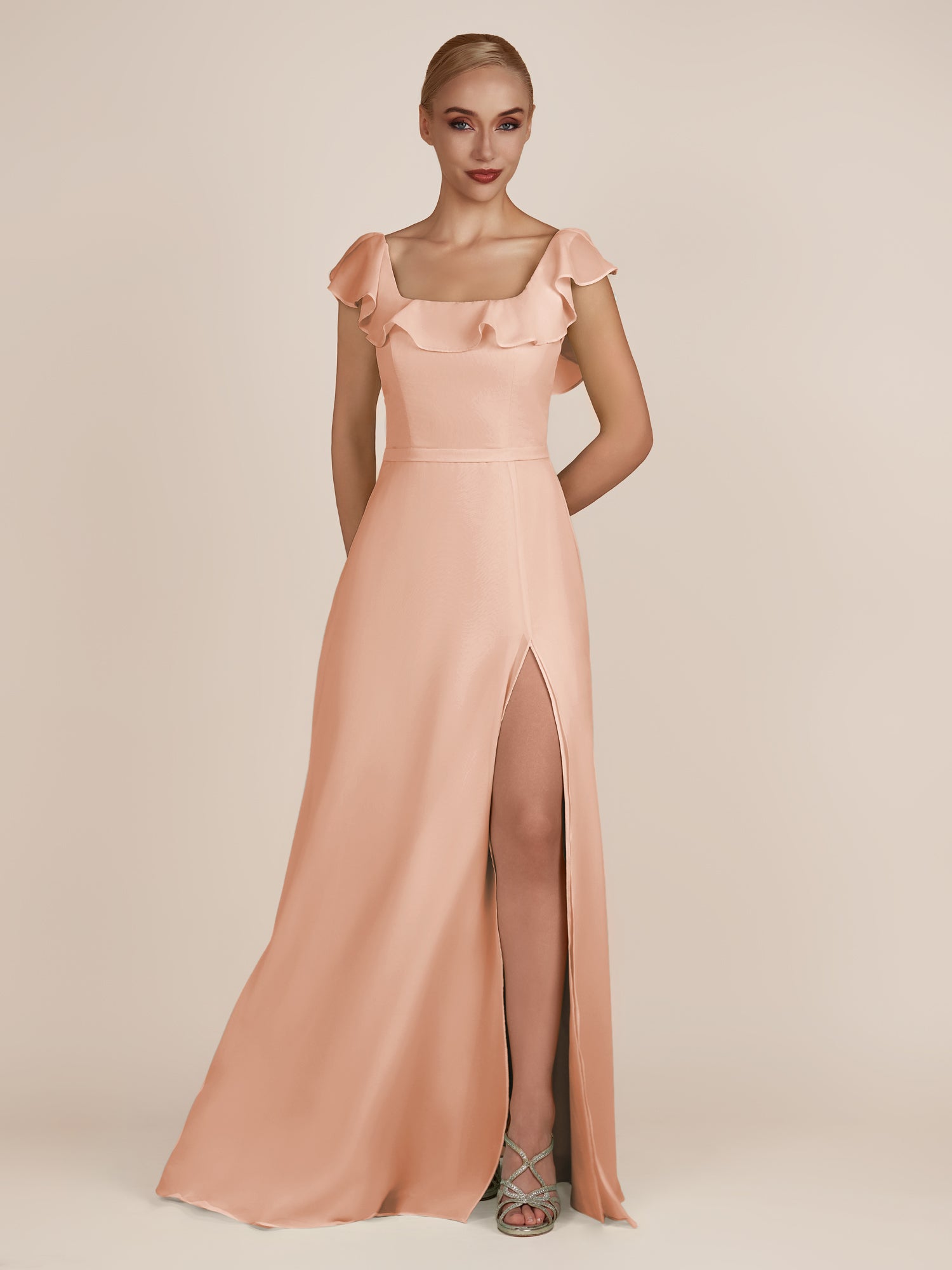 KissDress-Evania English Rose Sheath Chiffon Square Neck Ruffles Long Bridesmaid Dress with Slit