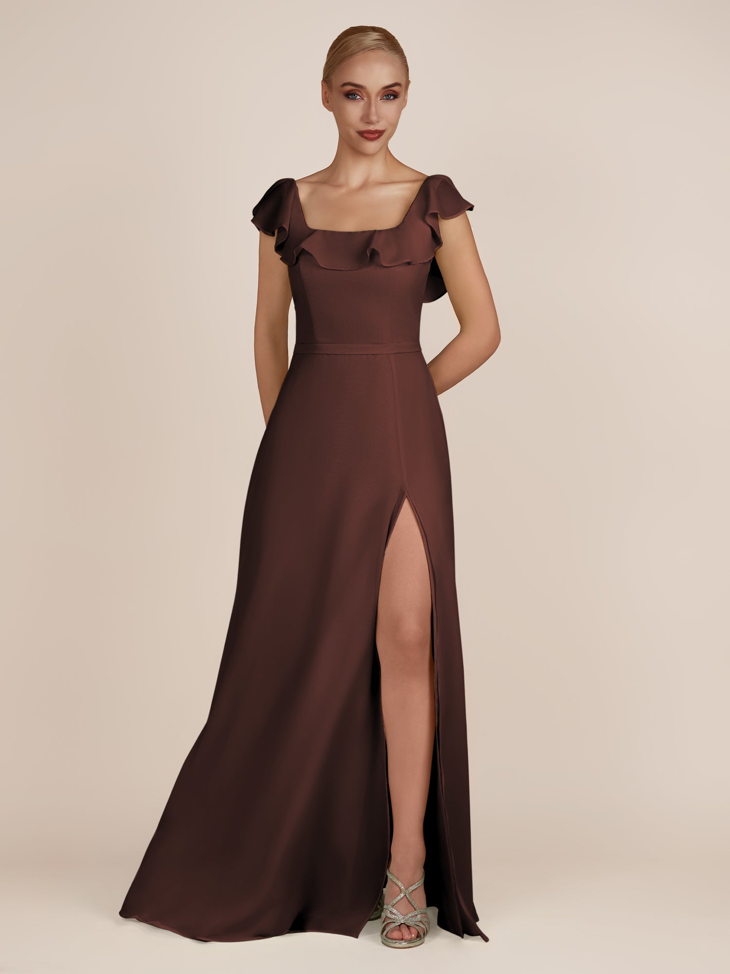 KissDress-Evania Espresso Sheath Chiffon Square Neck Ruffles Long Bridesmaid Dress with Slit