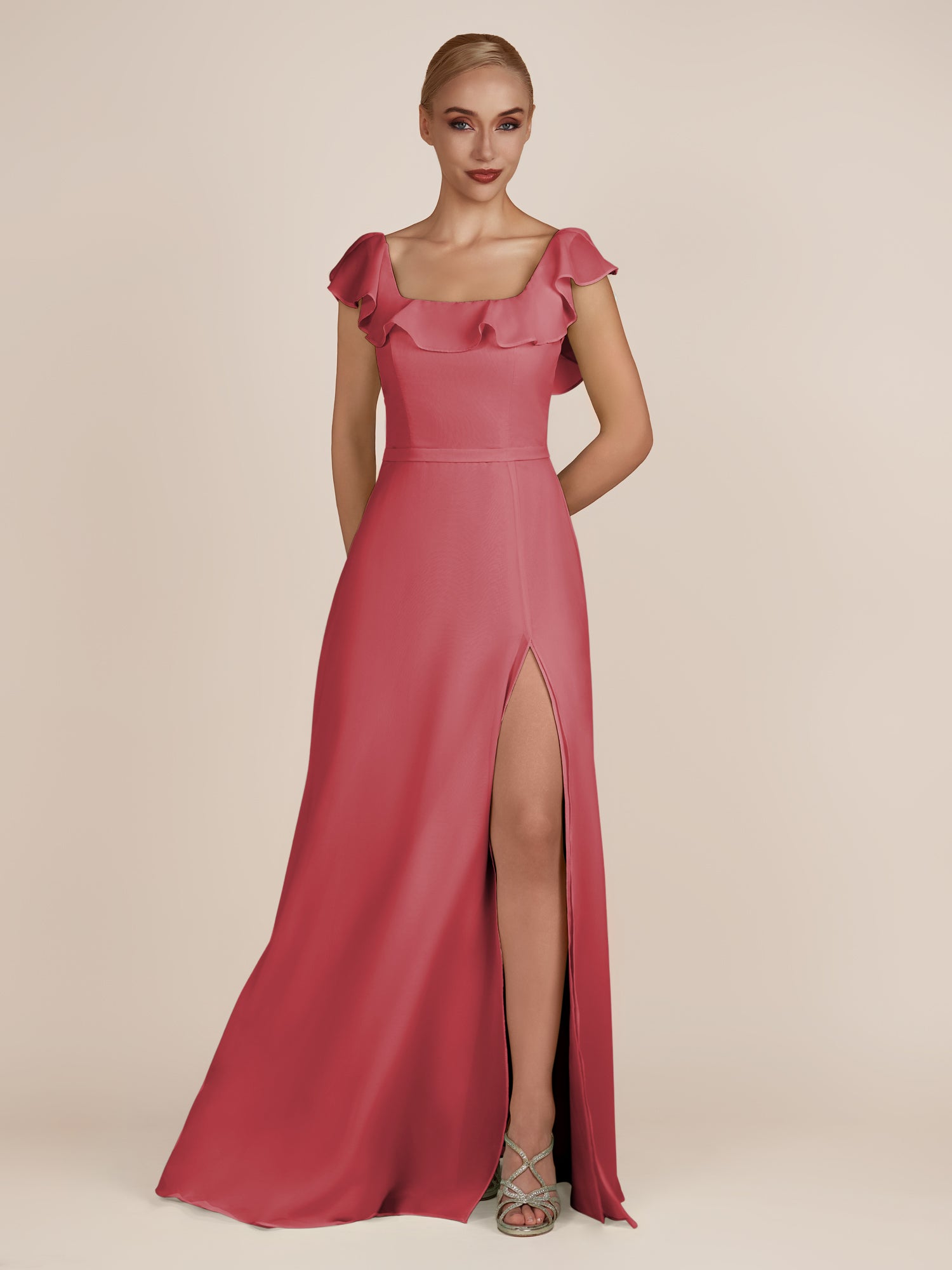 KissDress-Evania Merlot Sheath Chiffon Square Neck Ruffles Long Bridesmaid Dress with Slit