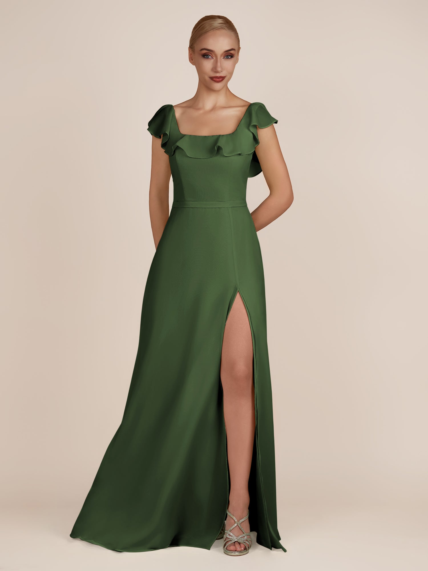 KissDress-Evania Moss Sheath Chiffon Square Neck Ruffles Long Bridesmaid Dress with Slit
