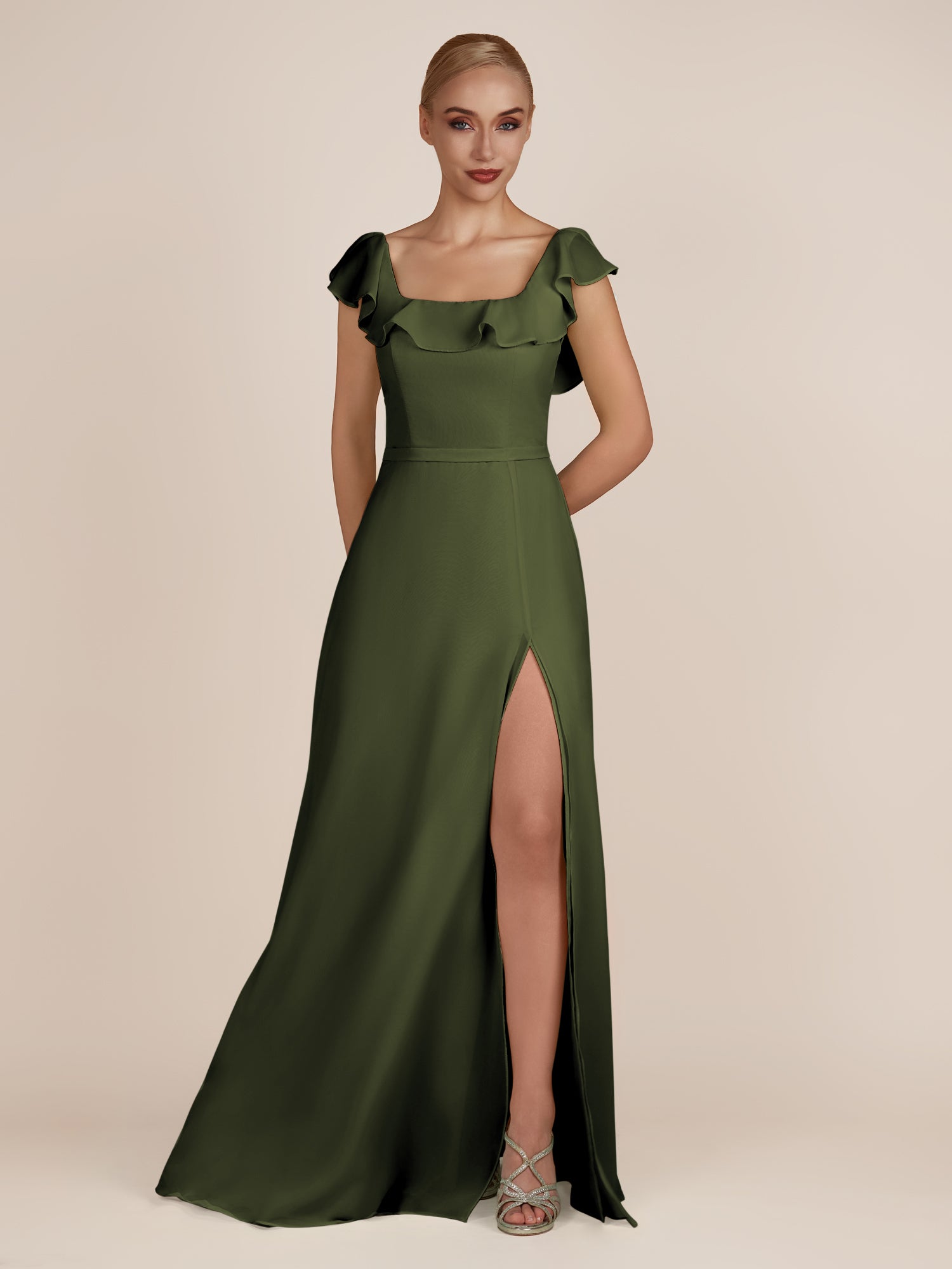 KissDress-Evania Olive Sheath Chiffon Square Neck Ruffles Long Bridesmaid Dress with Slit