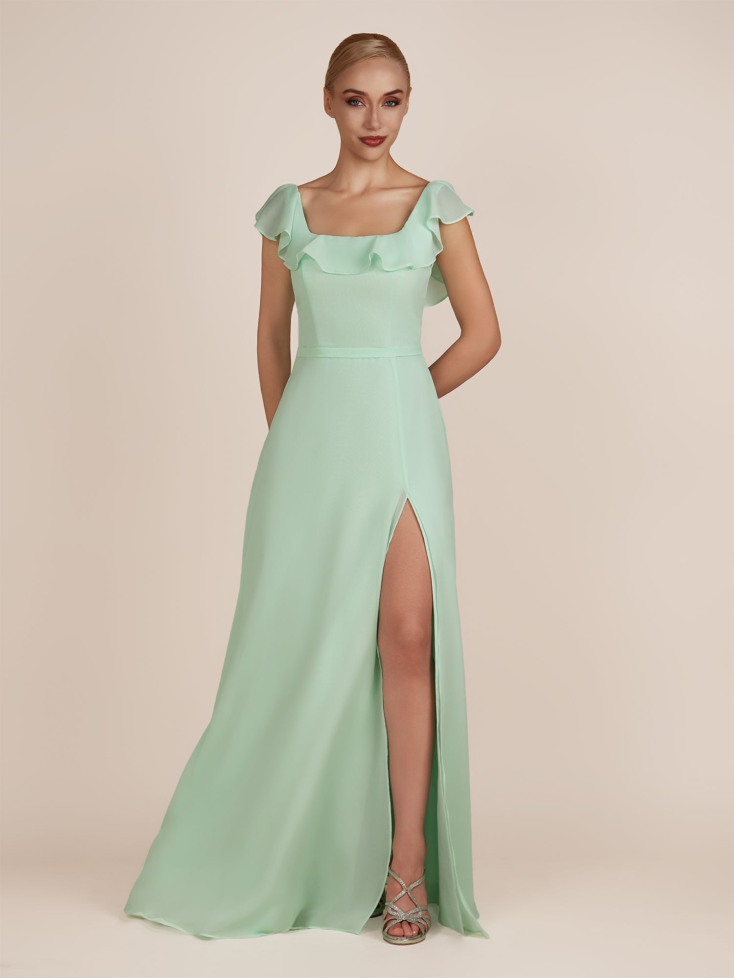 KissDress-Evania Pale Pistachio Sheath Chiffon Square Neck Ruffles Long Bridesmaid Dress with Slit