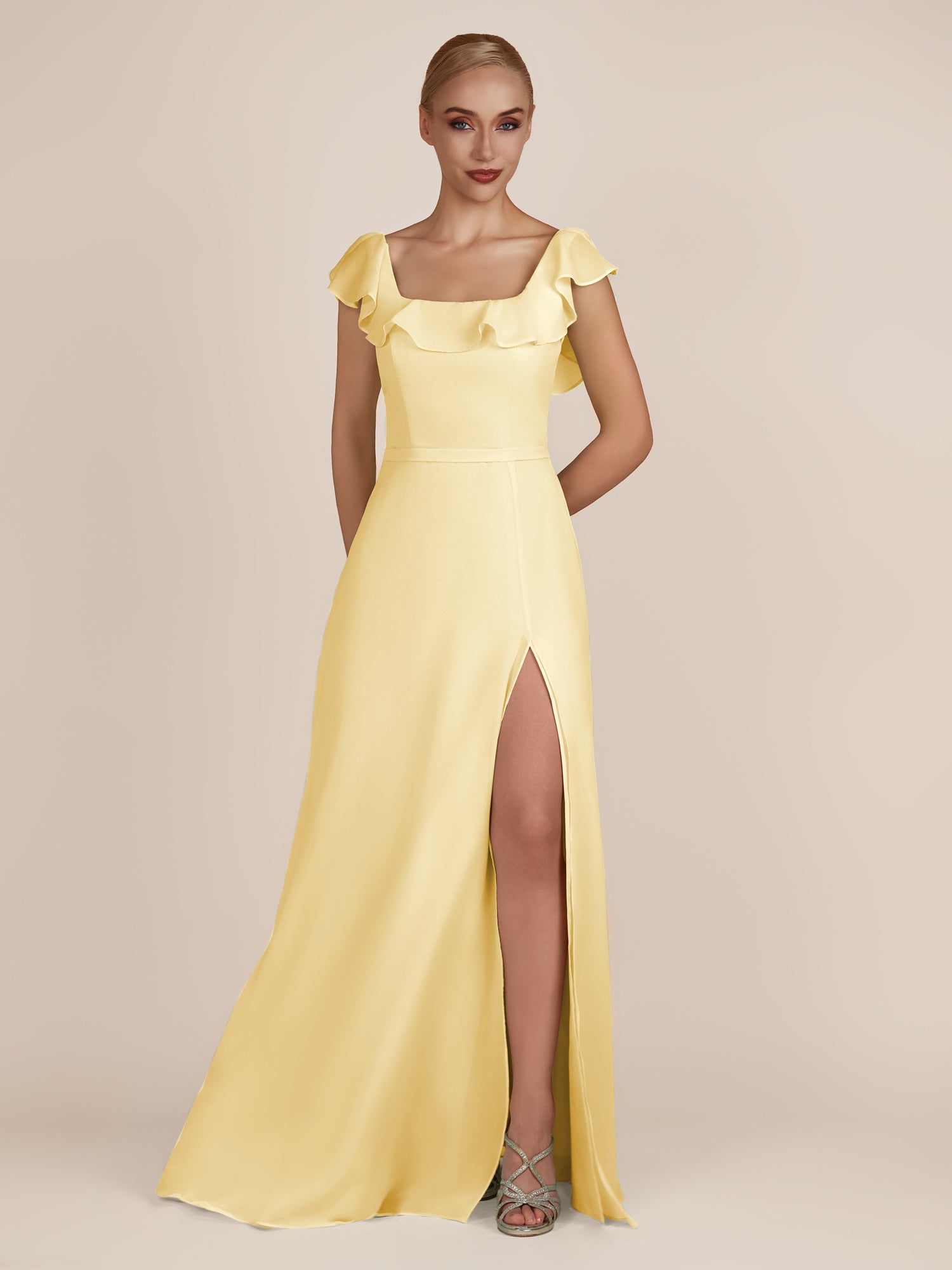 KissDress-Evania Pastel Yellow Sheath Chiffon Square Neck Ruffles Long Bridesmaid Dress with Slit