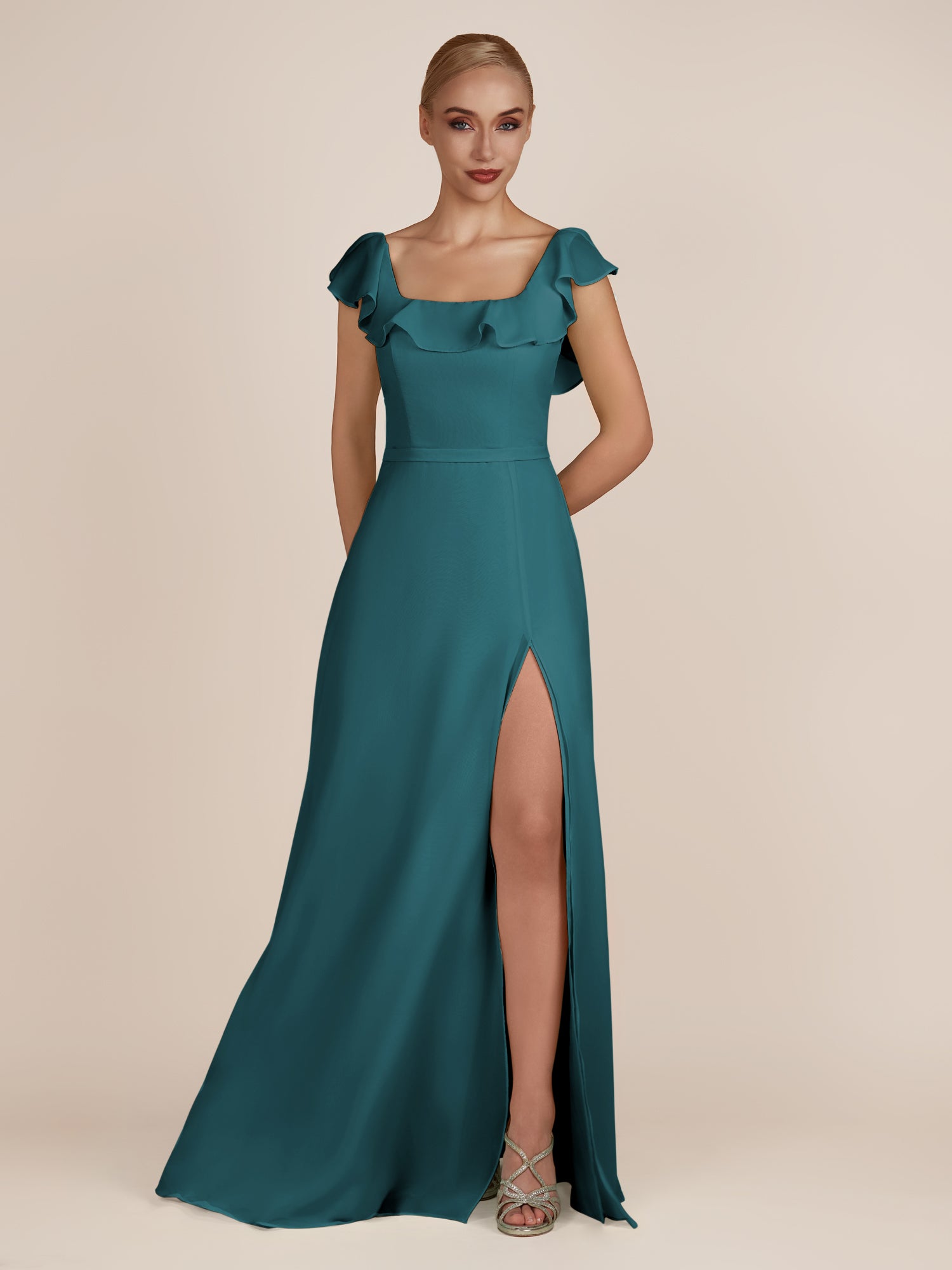KissDress-Evania Pine Sheath Chiffon Square Neck Ruffles Long Bridesmaid Dress with Slit